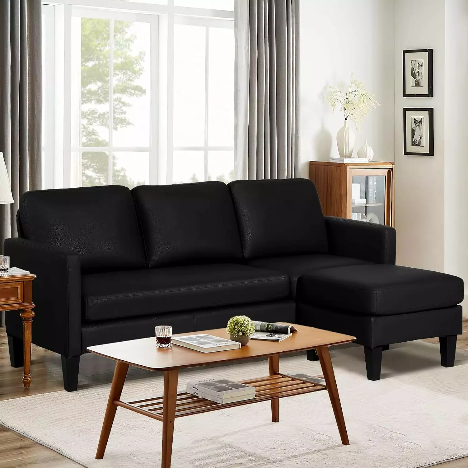 Haverchair L Shaped Leather Sectional Sofa with Chaise for Small Space.Living Rooms Convertible Couch.Modern Modular Furniture Sets Suitable for Home.Apartments.Dorm.Bonus Room.Black Leather