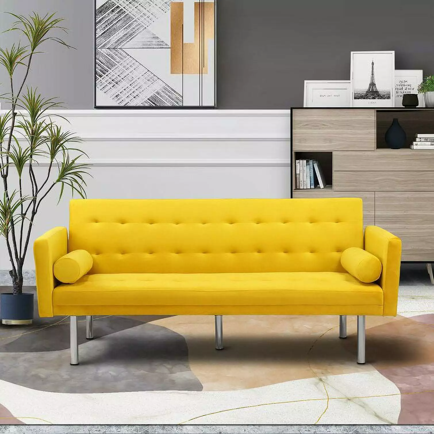 HestiNysus Convertible Living Room Velvet Tufted Split-Back Futon Sofa with 2 Pillows.Yellow