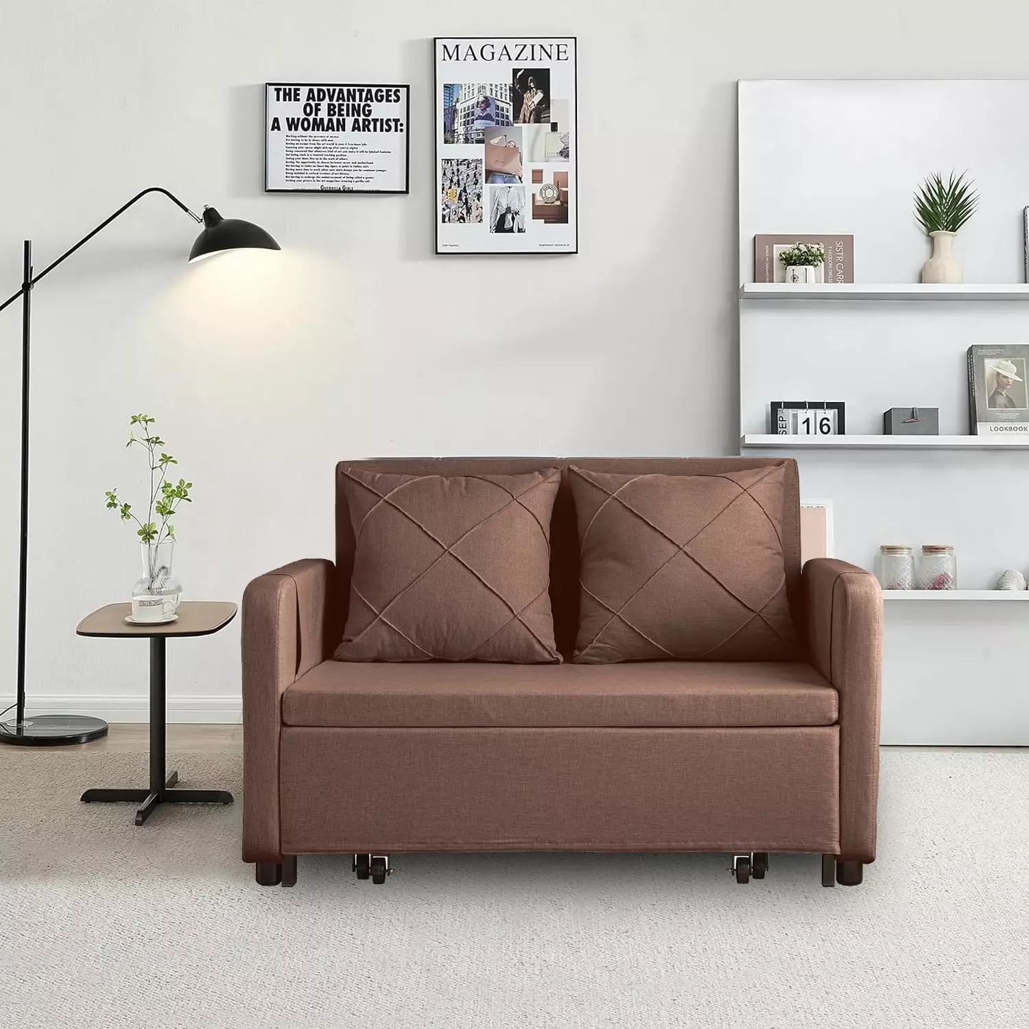 HestiNysus Modern Linen Loveseat with Pull-Out Sofa Bed. Brown