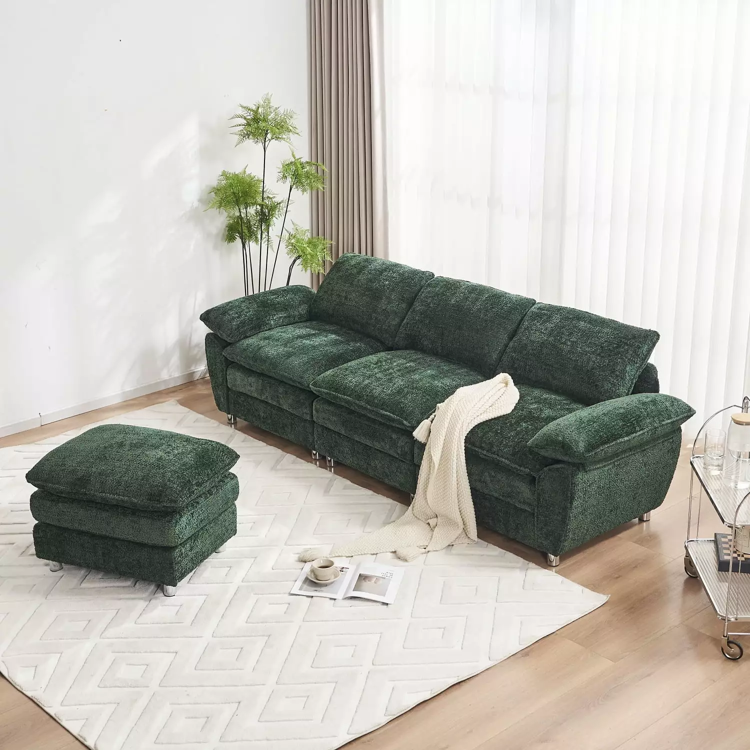 Holaki 101 Sectional Sofa Deep 3-Seat Sofa Couch with Ottoman. Polyester Sofa Sleeper Comfy Upholstered Furniture for Living Room. Apartment. Studio. Office. Green