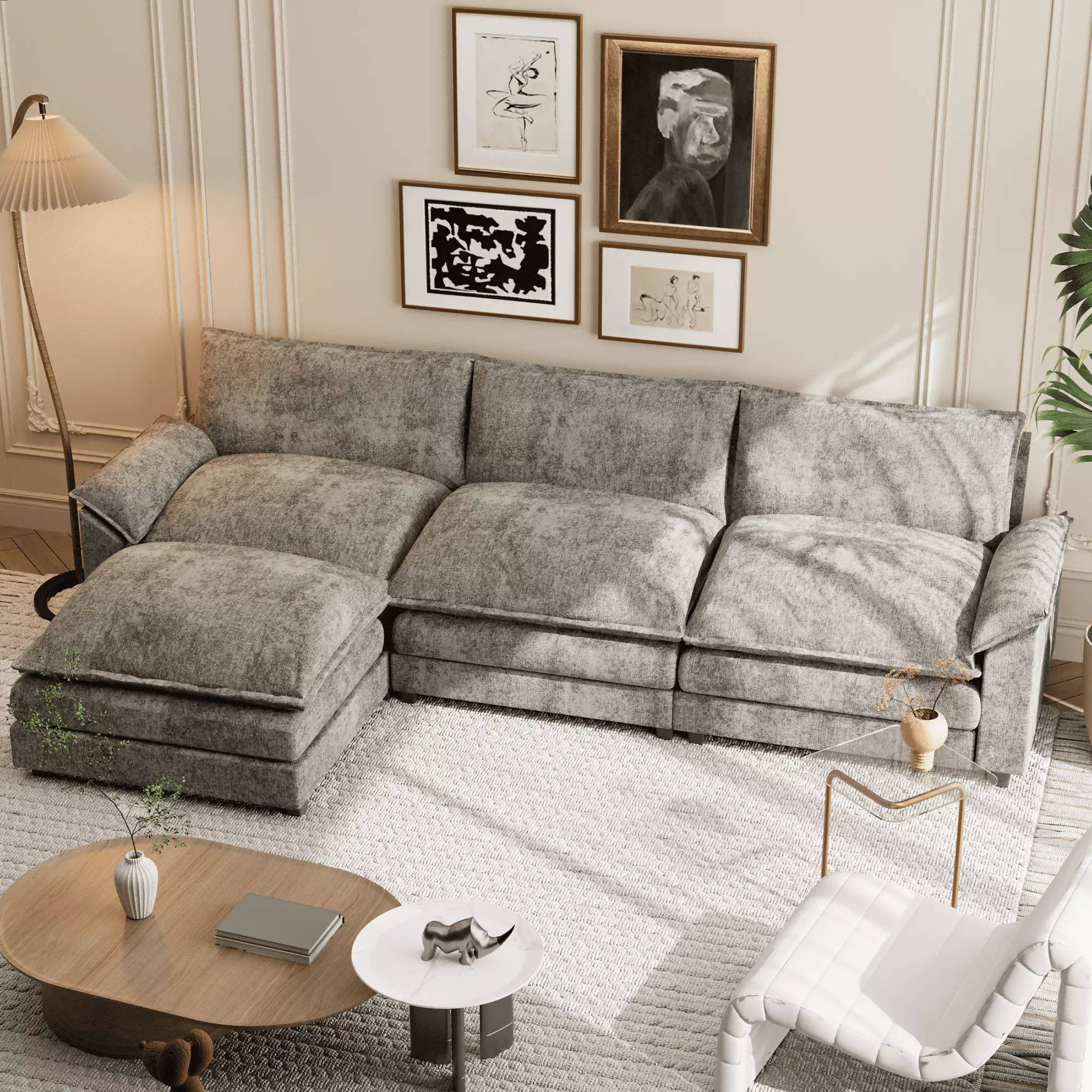 Homall Sectional Sofa 3-seat L-shaped Sofa with reversible toffee chair Movable Footrest Sofa.Gray