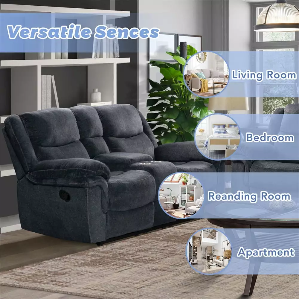 Home Theater Seating Manual Reclining Sofa. Loveseat Sofa with Hide-Away Storage. Cup Holders. 2 USB Ports. 2 Power Sockets for Living Room. Bedroom. Dark Blue