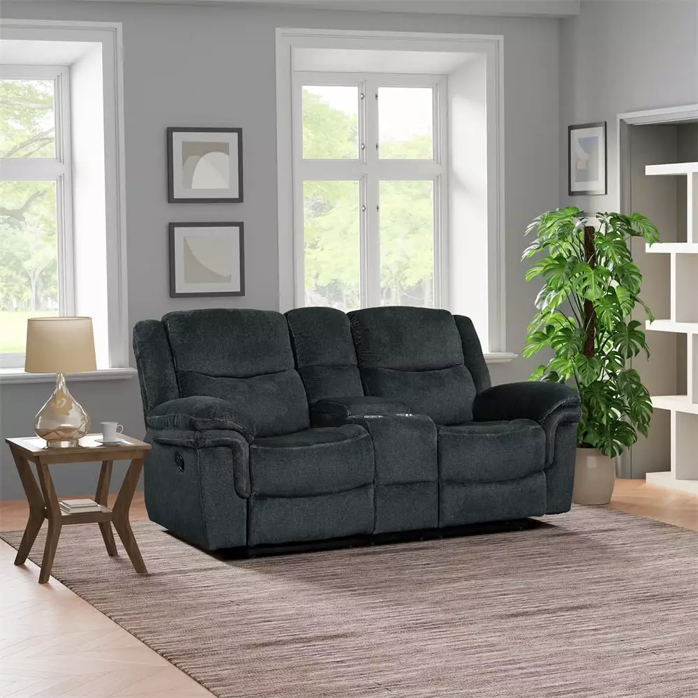 Home Theater Seating Manual Reclining Sofa. Modern Upholstered Loveseat Sofa with Thickened Cushion. Hide-Away Storage. 2 Cup Holders. USB Ports. Power Sockets for Living Room. Bedroom