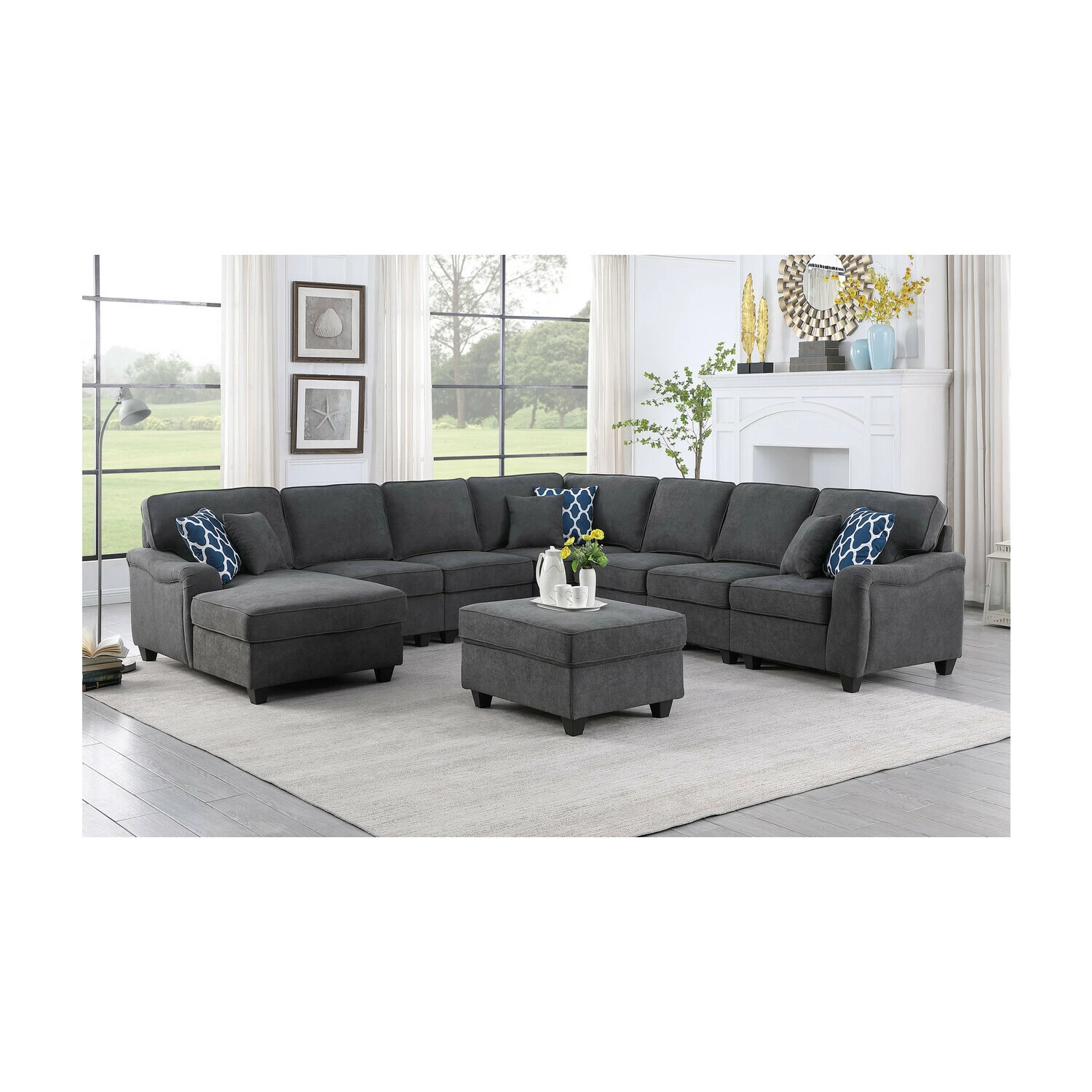 Homestock Baroque Beauty Dark Gray Woven 8Pc Modular L-Shape Sectional Sofa Chaise and Ottoman