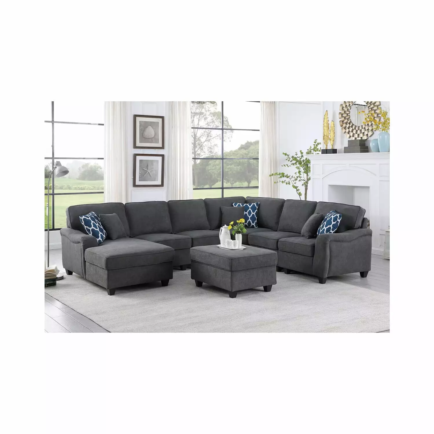 Homestock Gothic Glamour Dark Gray Woven 7Pc Modular L-Shape Sectional Sofa Chaise and Ottoman