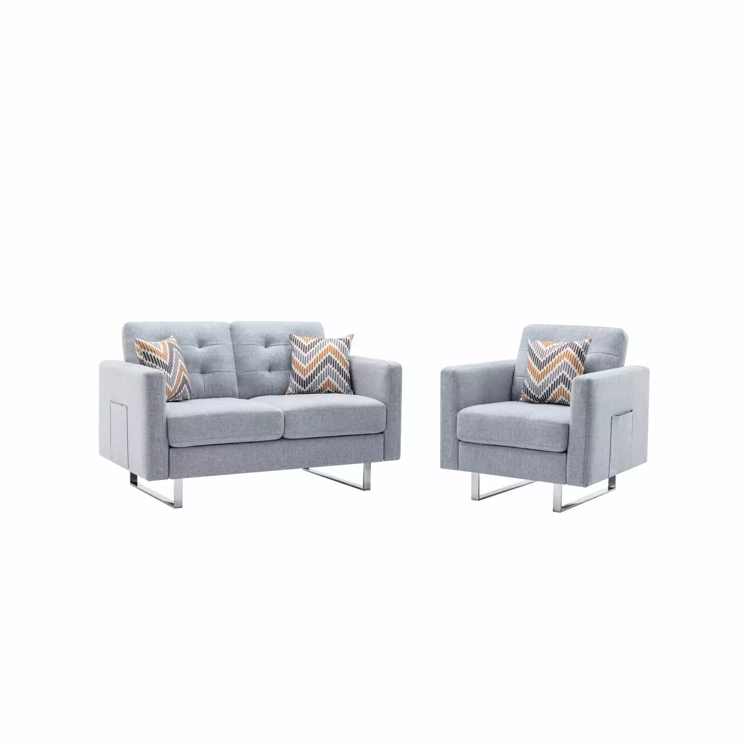 Homestock Renaissance Refinement Light Gray Linen Fabric Loveseat Chair Living Room Set with Metal Legs. Side Pockets. and Pillows