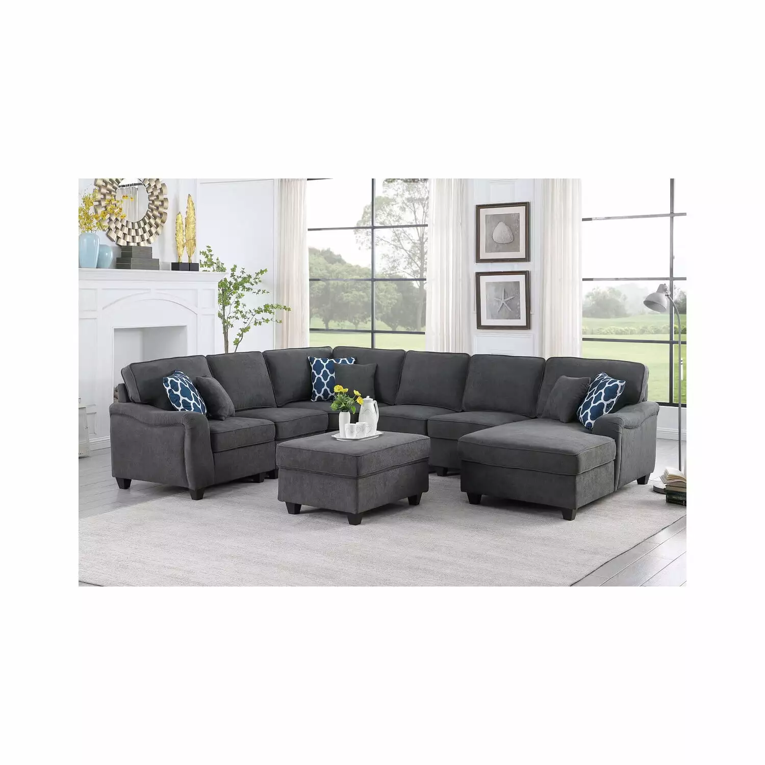 Homestock Rococo Romance Dark Gray Woven 7Pc Modular L-Shape Sectional Sofa Chaise and Ottoman