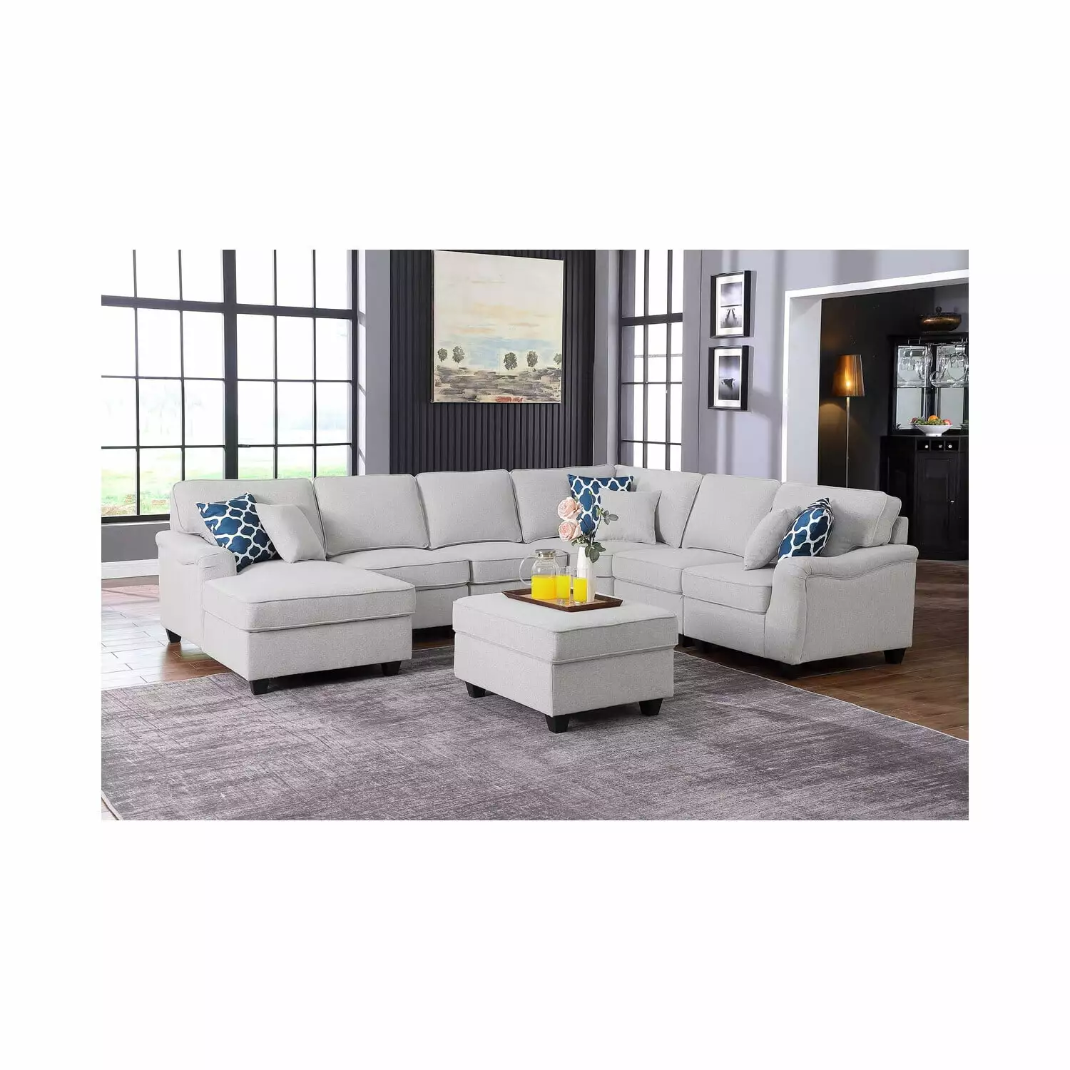 Homestock Suburban Soiree Light Gray Linen 7Pc Modular L-Shape Sectional Sofa Chaise and Ottoman