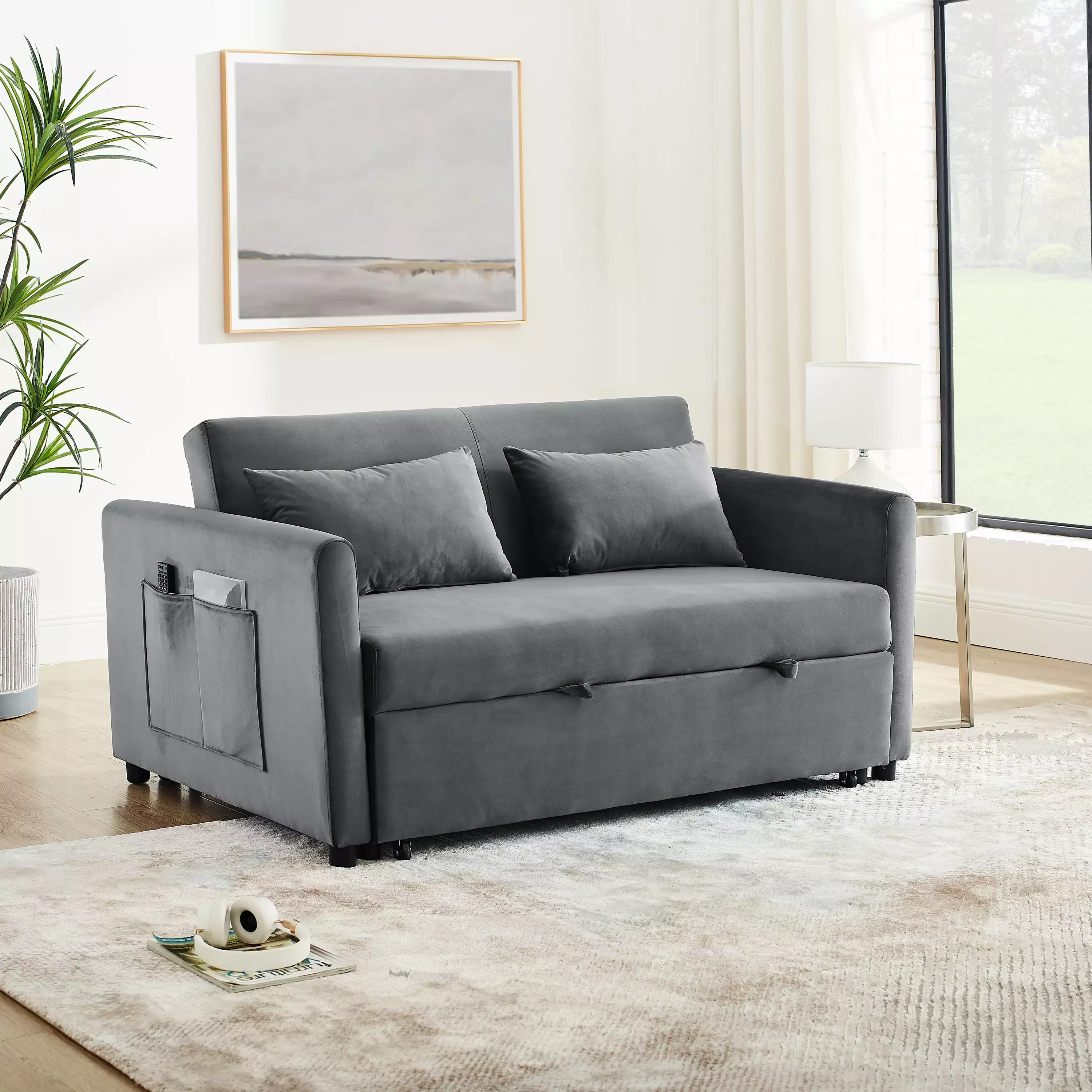 Homiyad Convertible Sofa Bed. 3-In-1 Versatile Velvet Double Sofa with Pullout Bed. Seat with Adjustable Backrest. Lumbar Pillows. and Living Room Side Pockets. 54 Inch. Grey