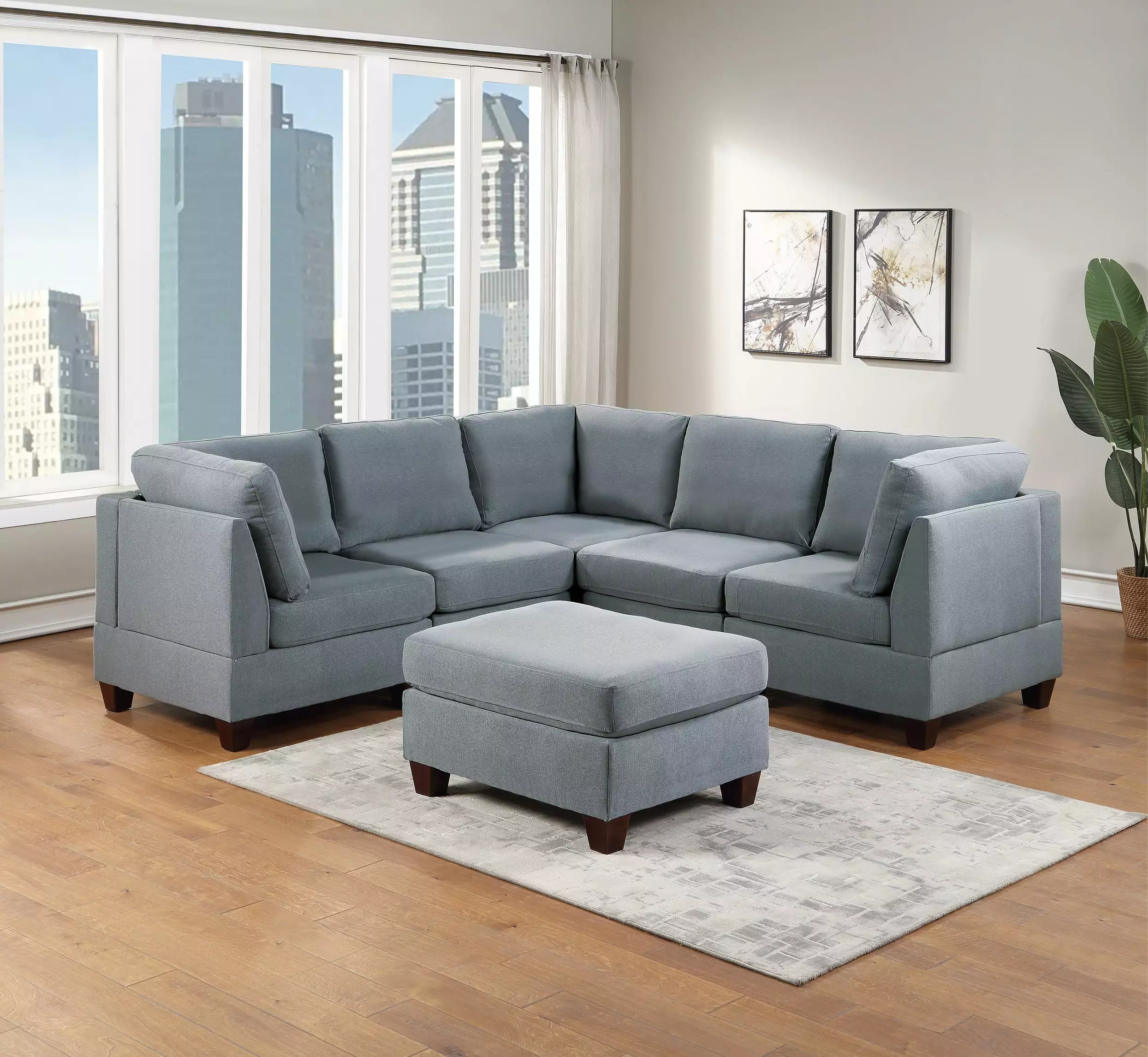 Homiyad Modular Sectional 6Pc Set Living Room Furniture Corner Sectional Couch Grey Linen Like Fabric 3X Corner Wedge 2X Armless Chairs and 1X Ottoman