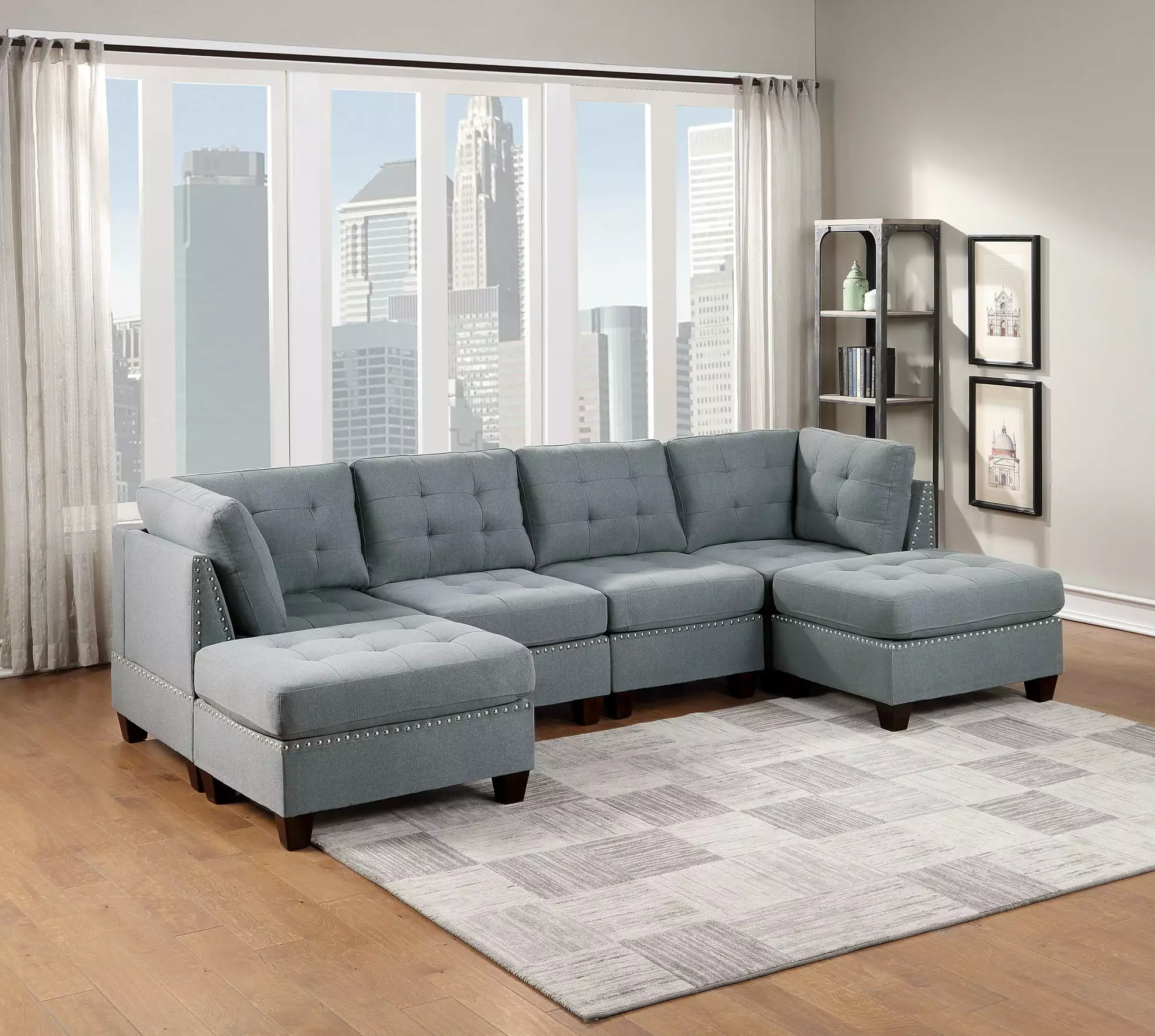 Homiyad Modular Sectional 6Pc Set Living Room Furniture U-Sectional Tufted Nail Heads Couch Gray Linen Like Fabric 2X Corner Wedge 2X Armless Chairs and 2X Ottomans