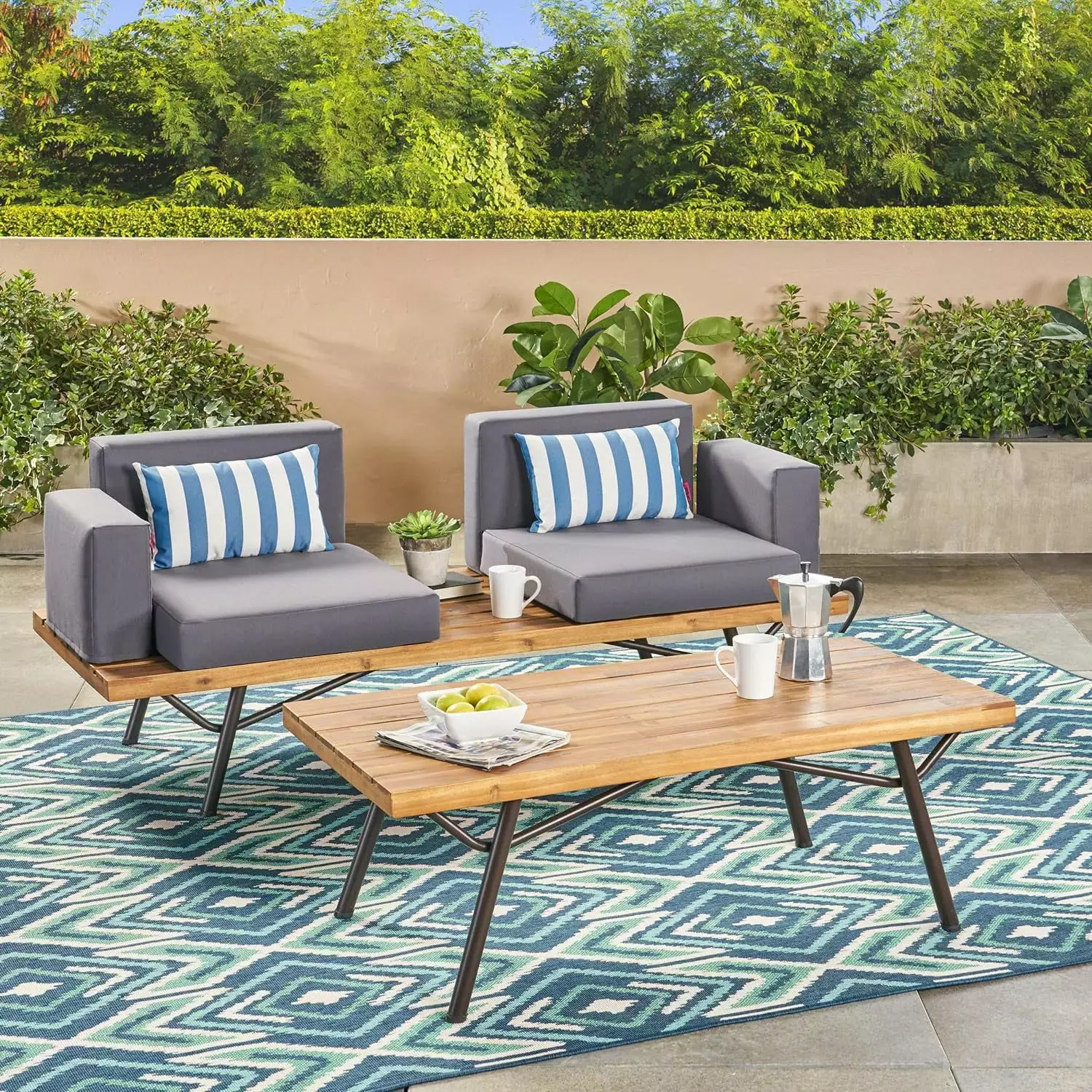 Homiyad Outdoor Industrial Loveseat with Coffee Table