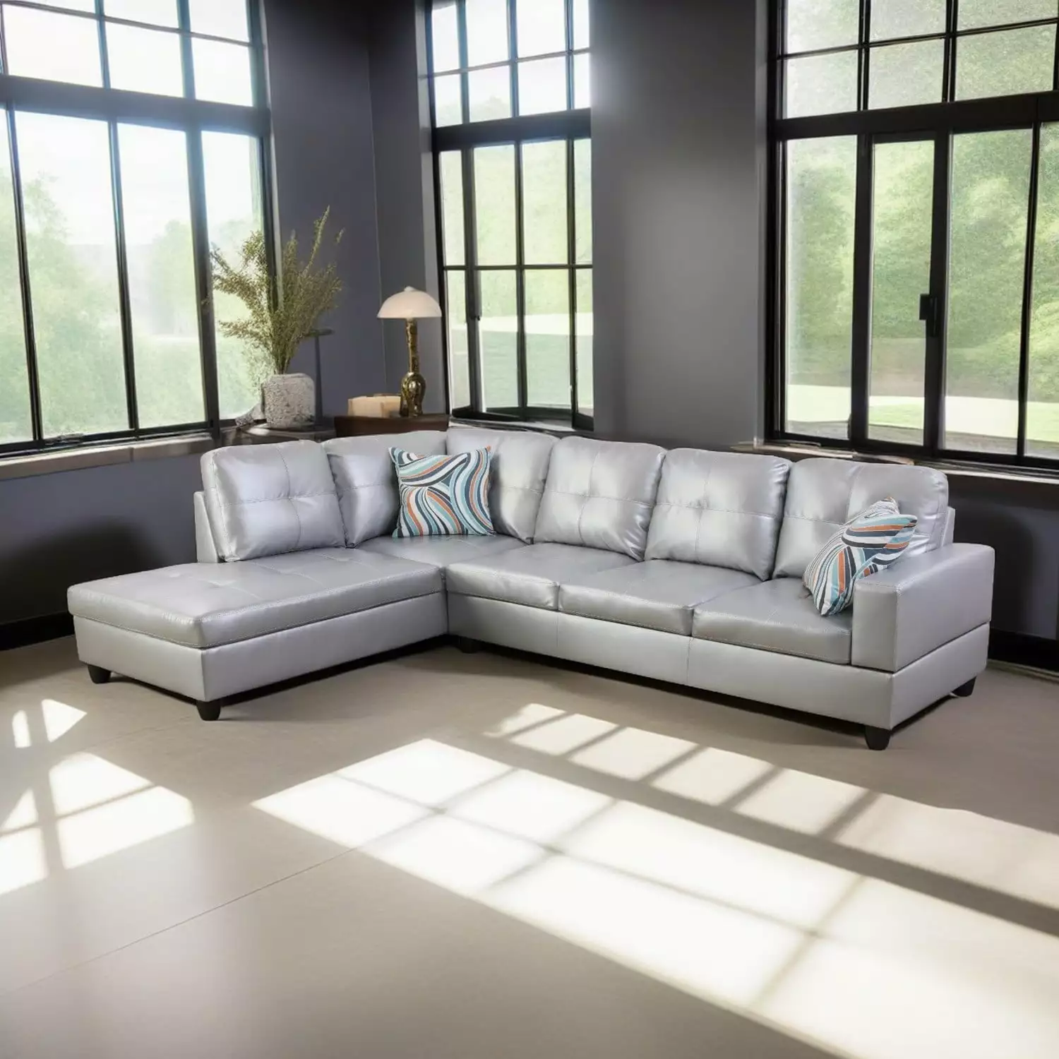 Hommoo 4-Seat Semi Semi PU Synthetic Leather Sectional Sofa Sets. L Shaped Sectional Couches and Sofas. Modern Living Room Furniture Sets. 17.5'' Back Height. Silver White(No Ottoman)