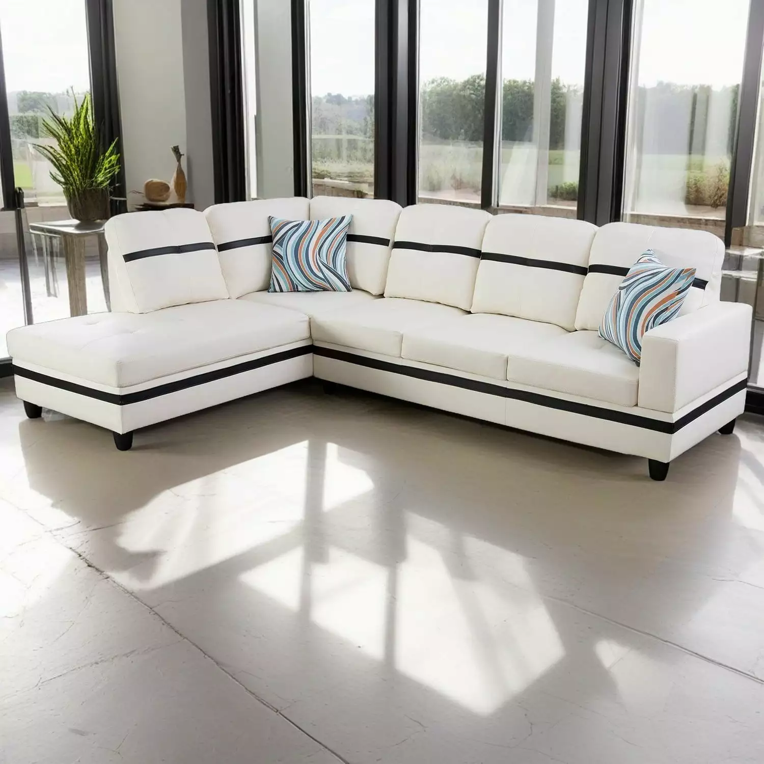 Hommoo 4-Seat Semi Semi PU Synthetic Leather Sectional Sofa Sets. L Shaped Sectional Couches and Sofas with Waistline. Modern Living Room Furniture Sets. White and Black(No Ottoman)