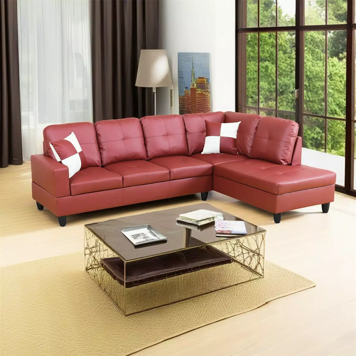 Hommoo Faux Leather Living Room Furniture Set. Modern L-Shaped Couch Sofa. 4-Seat Sectional Sofa for Home & Office. 17.5'' Back Height. Red(No Ottomans)