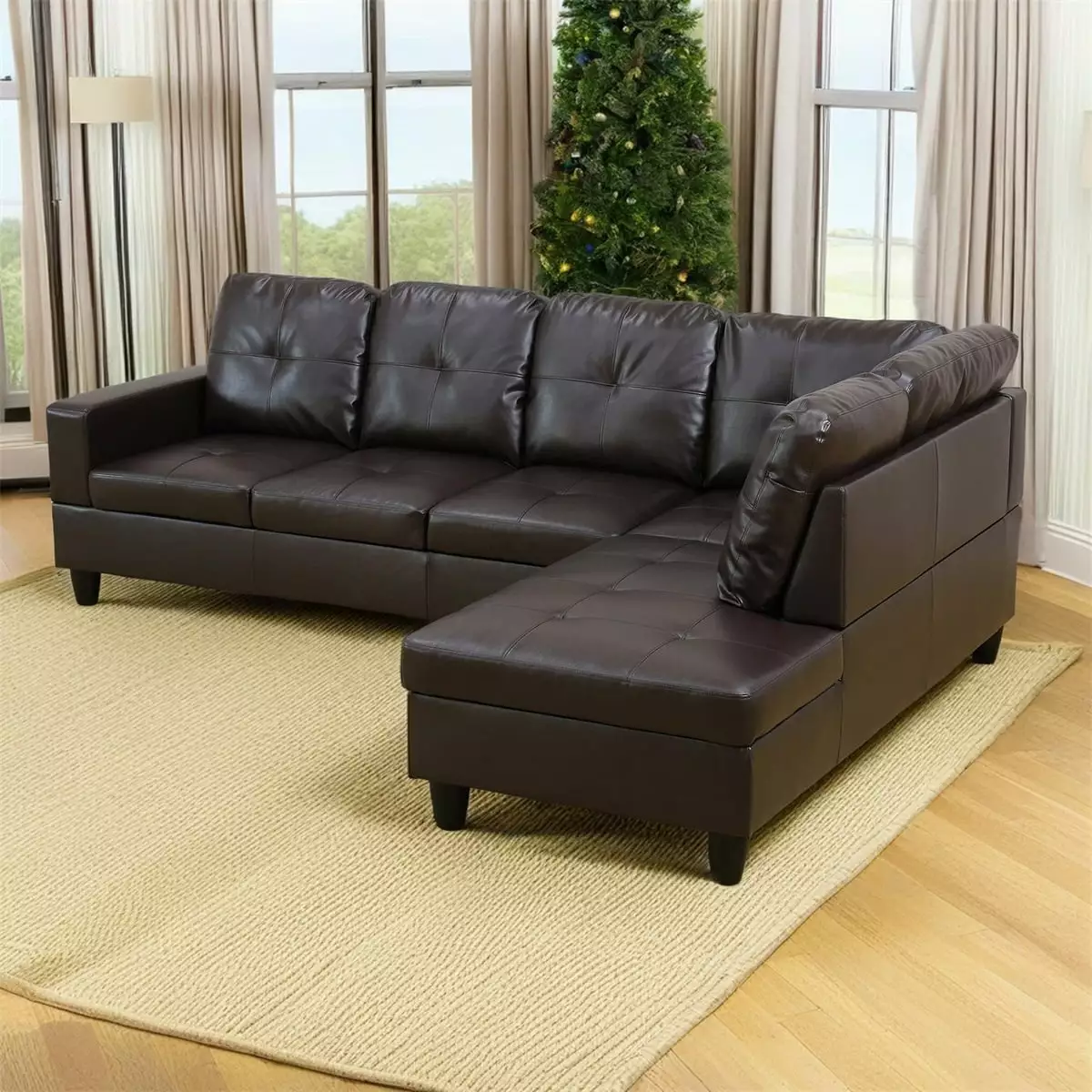 Hommoo Faux Leather Living Room Furniture Sets. Modern L-Shaped Couch Sofa Set. 4-Seat Sectional Sofa for Home&Office.Brown(No Ottoman)