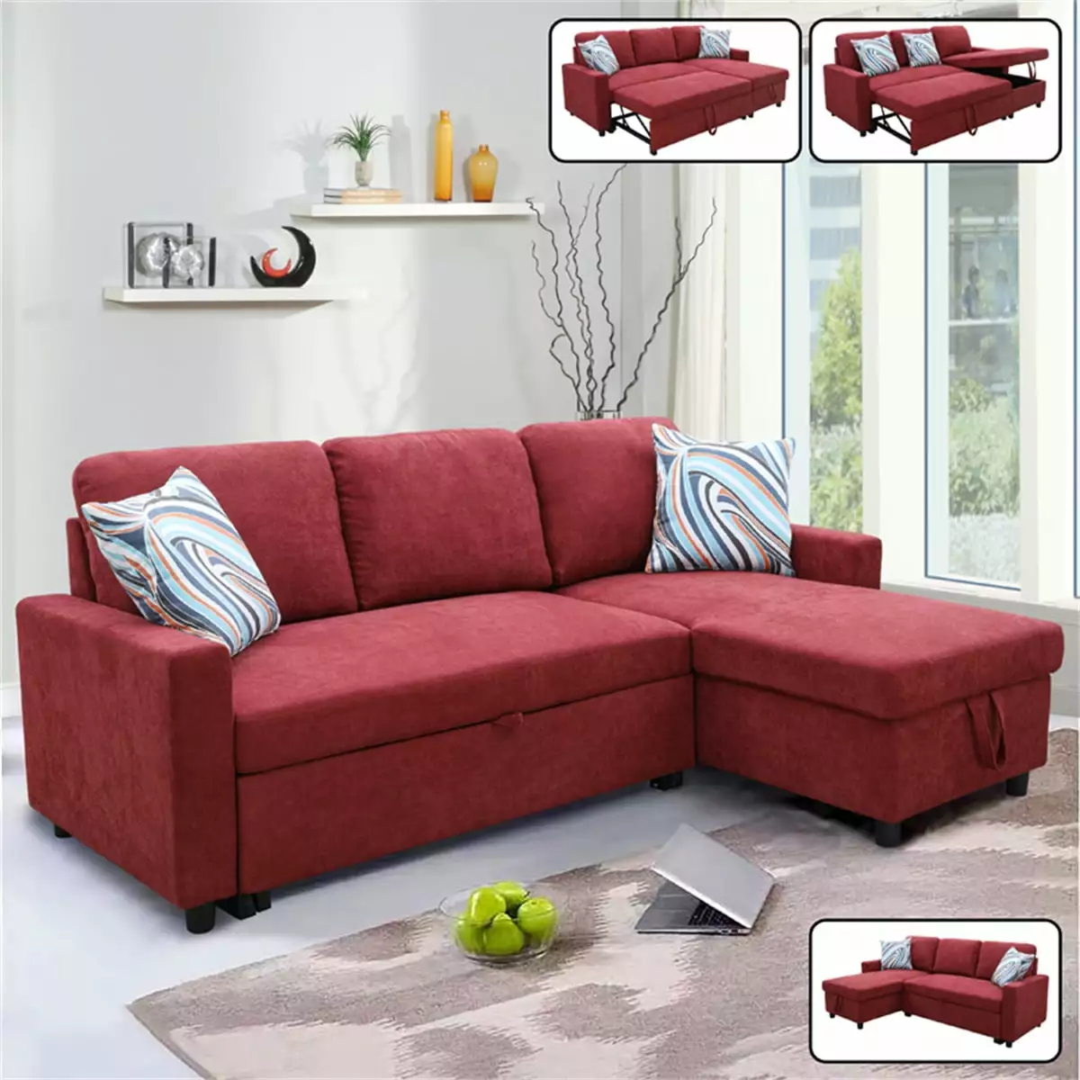 Hommoo Flannelette Reversible L-Shaped Sleeper Sofa Bed. Modern Sectional Couch Sofa Bed with Storage. Pull-Out Couch Sofa for Living Room. Bedroom and Office. Red