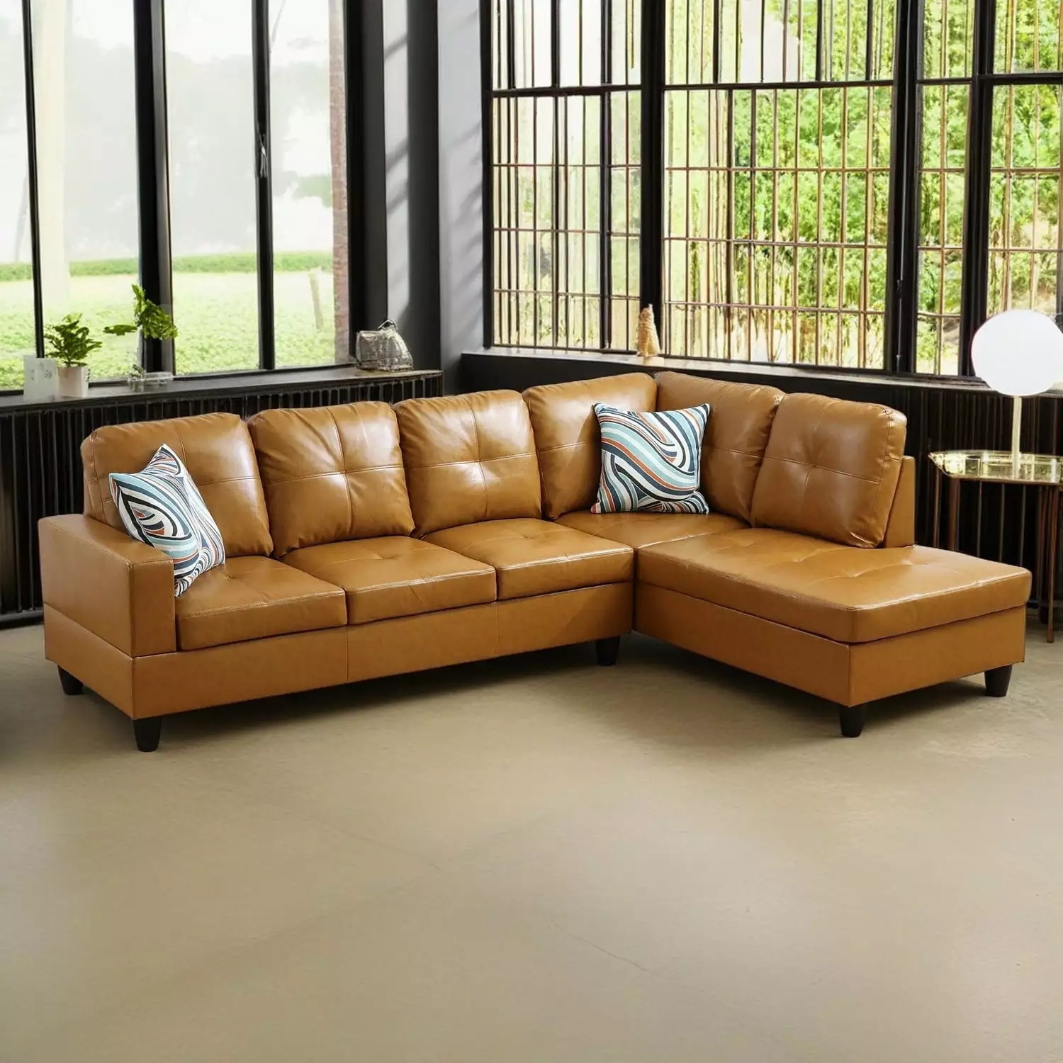 Hommoo L Shaped Sectional Couches and Sofas. 4-Seat Semi Semi PU Synthetic Leather Sectional Sofa Sets. Modern Living Room Furniture Sets. Turmeric(No Ottoman)