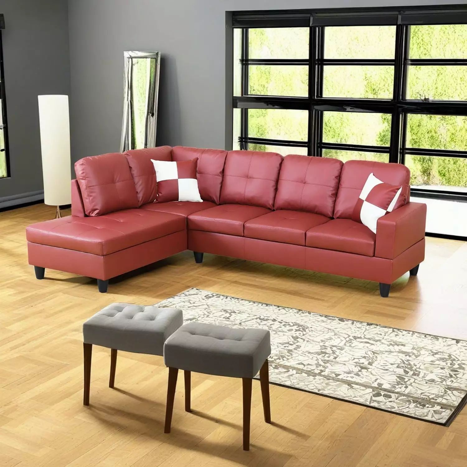 Hommoo Modern L-Shaped Couch Sofa. Faux Leather Living Room Furniture Set. 4-Seat Sectional Sofa for Home & Office. 17.5'' Back Height. Red(No Ottomans)