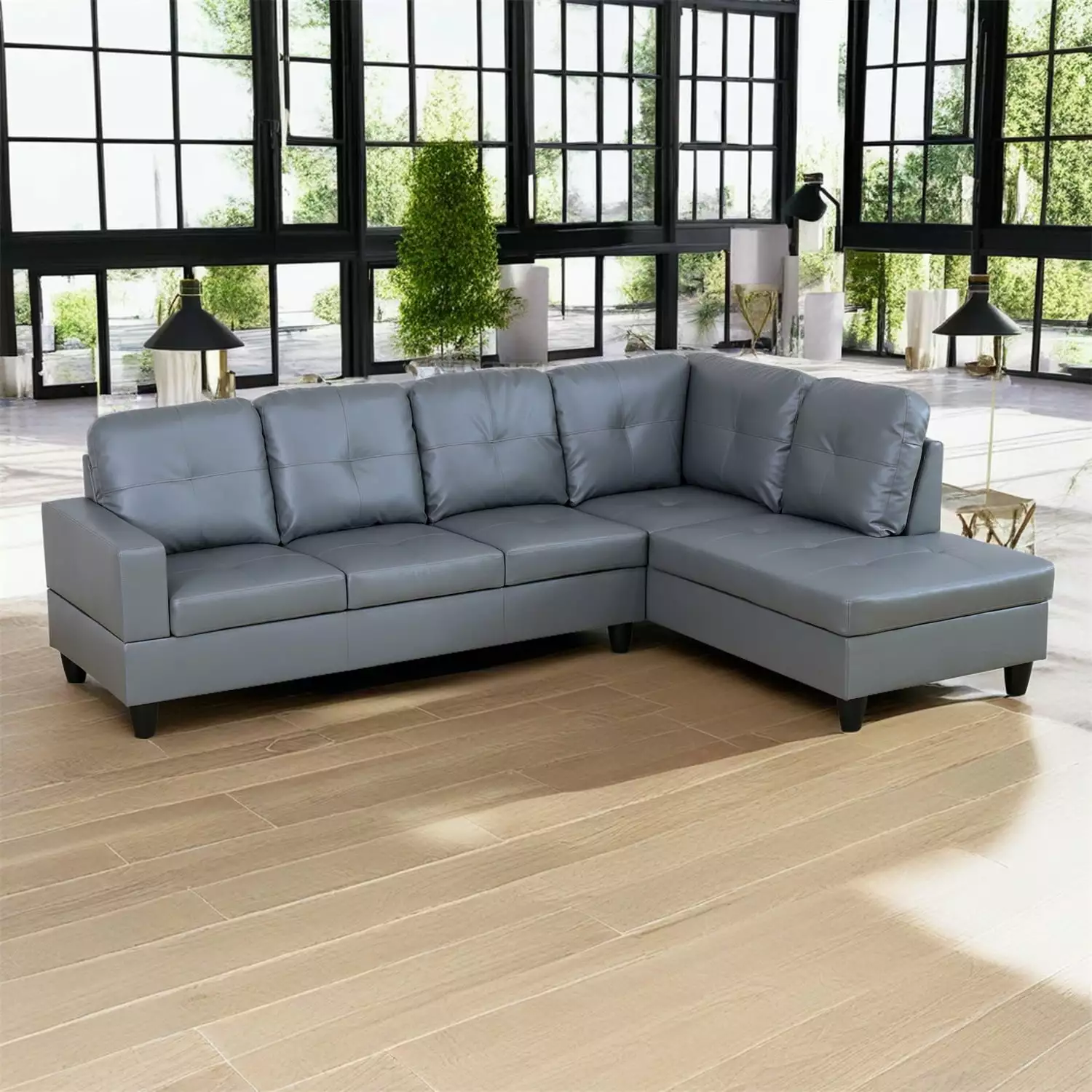 Hommoo Semi PU Synthetic Leather Living Room Furniture Sets. L-Shaped Sectional Sofa Set . Modern 4-Seat Couch Sofa Setfor Small Space. Dark Grey(No Ottoman)