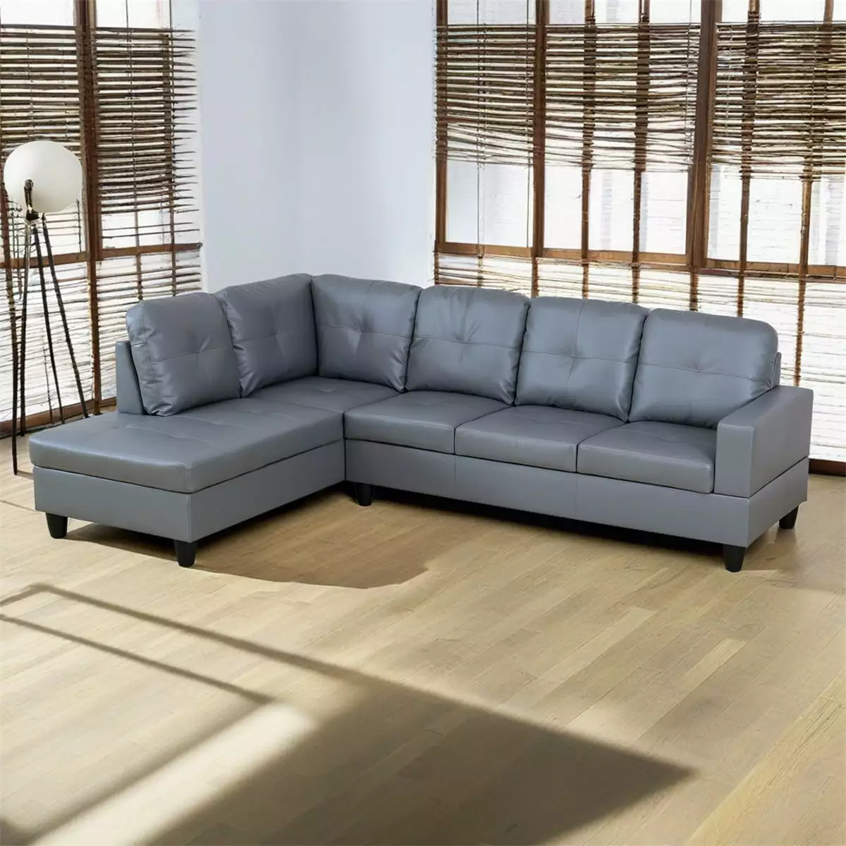 Hommoo Semi PU Synthetic Leather Living Room Furniture Sets. Modern 4-Seat Couch Sofa. 17.5'' Back Height Sectional Sofa for Small Space. Dark Grey(No Ottoman)