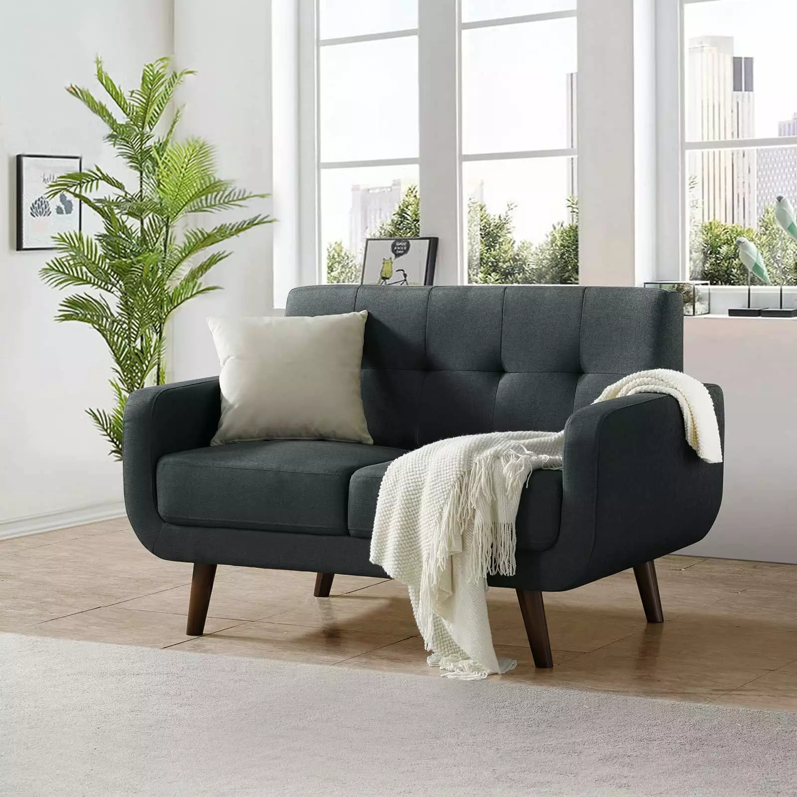 Husbedom 51W Loveseat Sofa. Mid Century Modern Decor Love Seat Couches for Living Room. Button Tufted Upholstered Love Seats Furniture. Solid Small Couch for Bedroom. Dark Grey