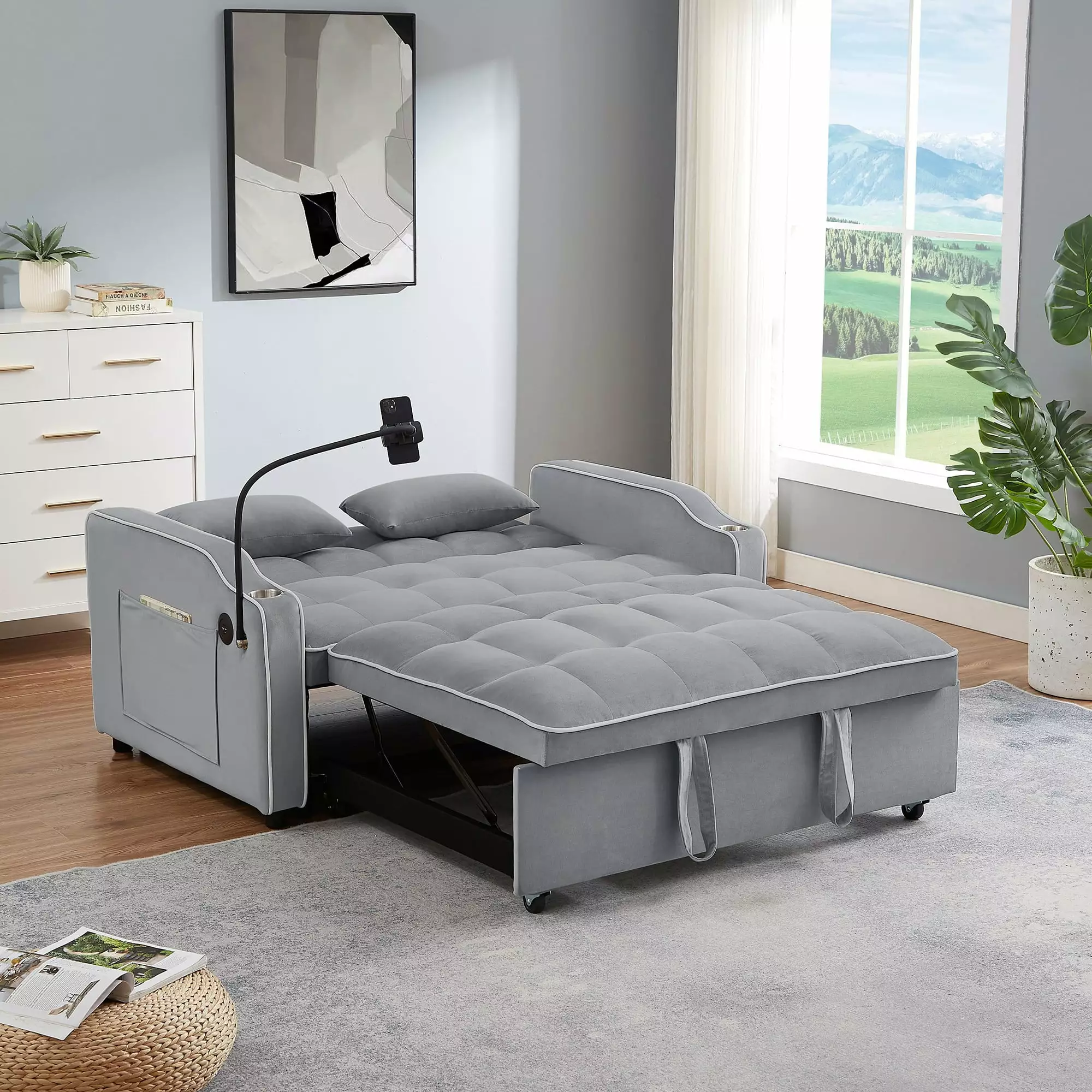 IbayNawi 3 in 1 Pull Out Sleeper Sofa Bed.Tufted Velvet Convertible Loveseat Futon Sofa with Lumbar Pillows and Side Pockets for Living Room and Office. Grey