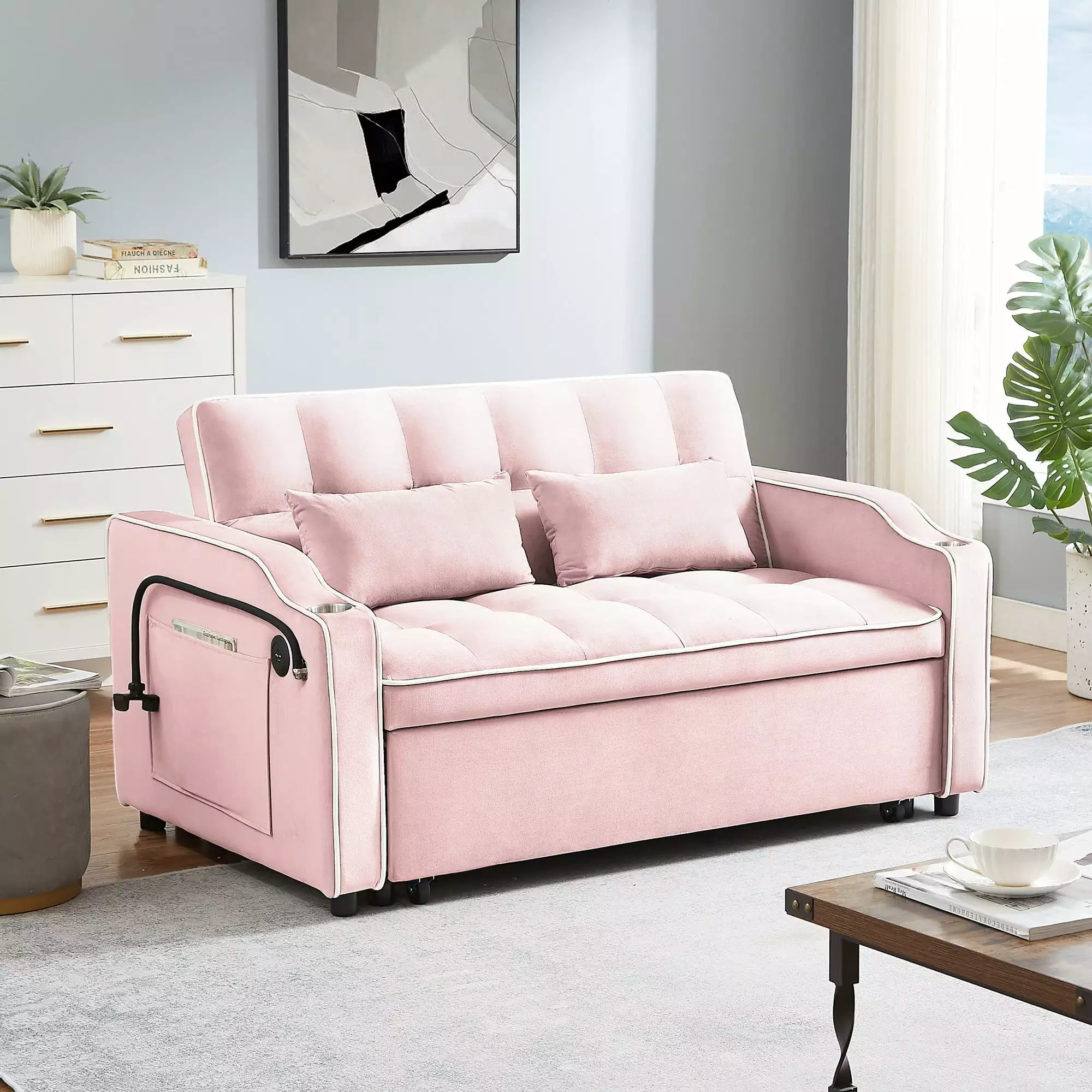 IbayNawi Pull Out Couch 3 in 1 Sleeper Loveseat Convertible. 2-Seater Sofa Bed with Adjustable Backrest. Perfect for Living Room and Office. Pink-Velvet