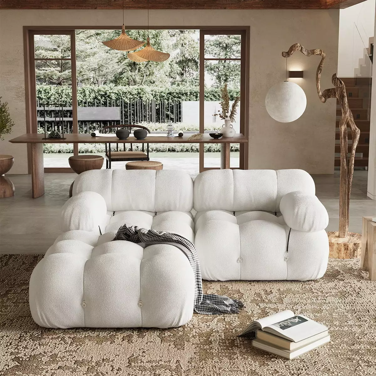 Indecor Home Modular Sectional Sofa Modern Boucle Loveseat Sofa with Ottoman Convertible Sofas for Living Room White