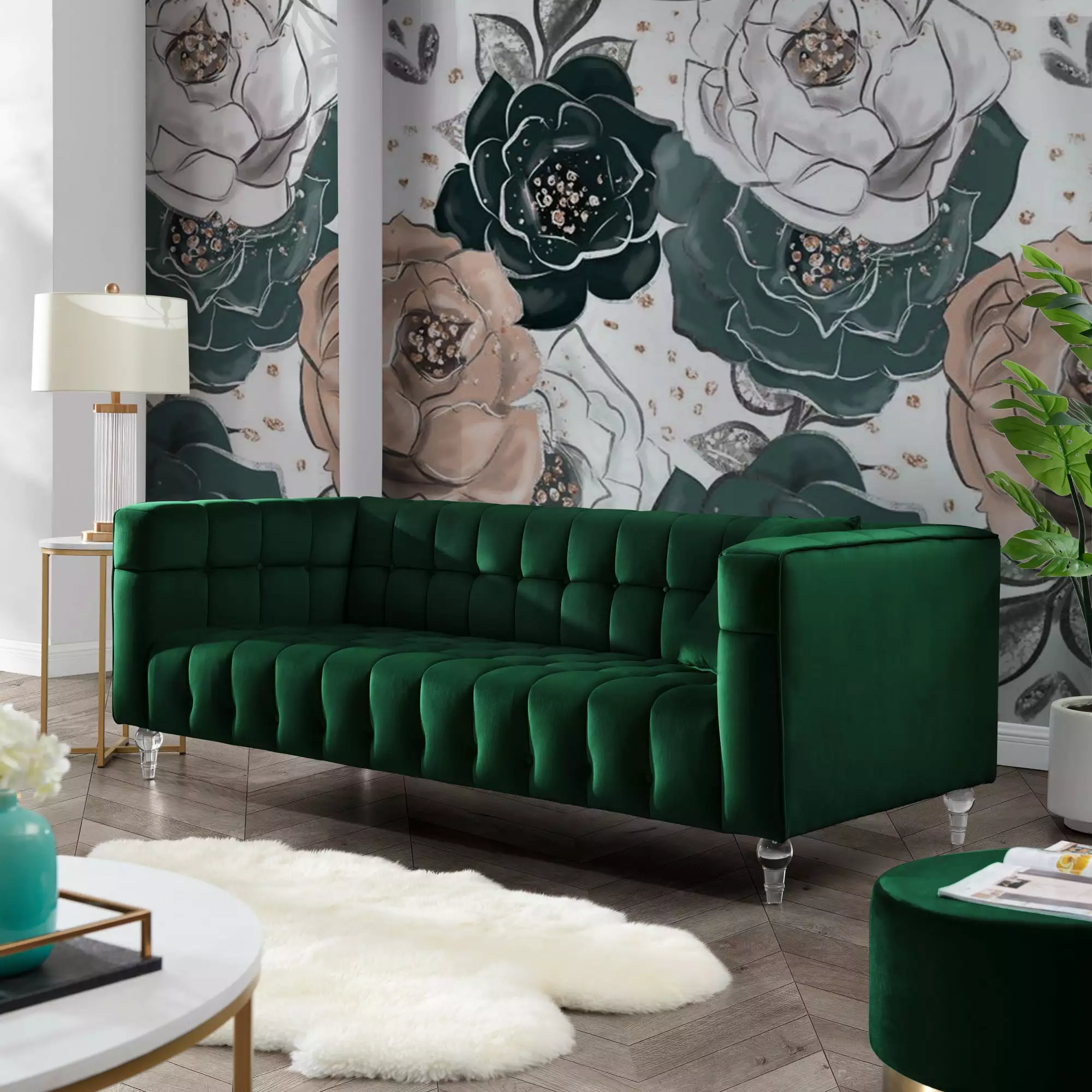 Inspired Home Grant Hunter Green Velvet Sofa - Biscuit Tufted | Lucite Leg | Sinuous Springs