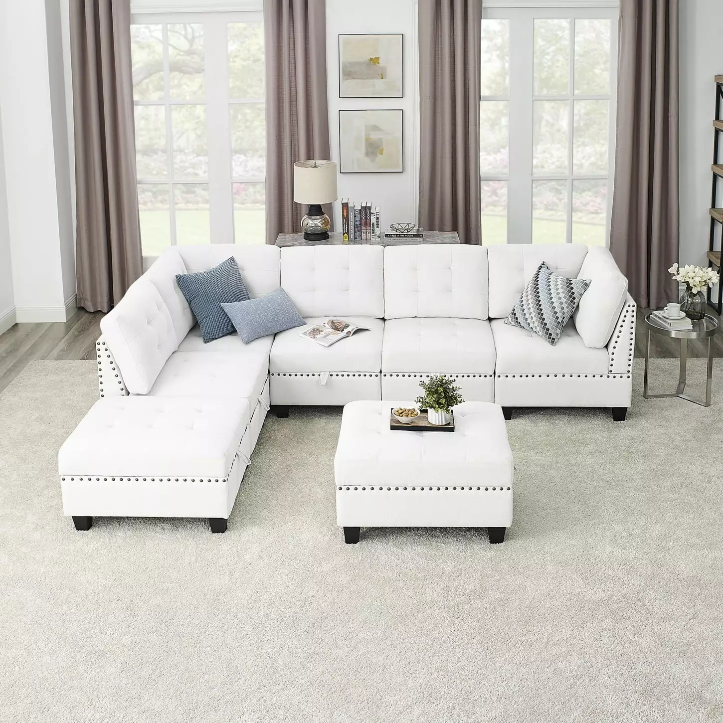 Ivory Chenille Modular Sectional Sofa - L-Shape DIY Combination with Three Single Chairs. Two Corners. and Two Ottomans - Spacious and Stylish. Bonus Storage Included