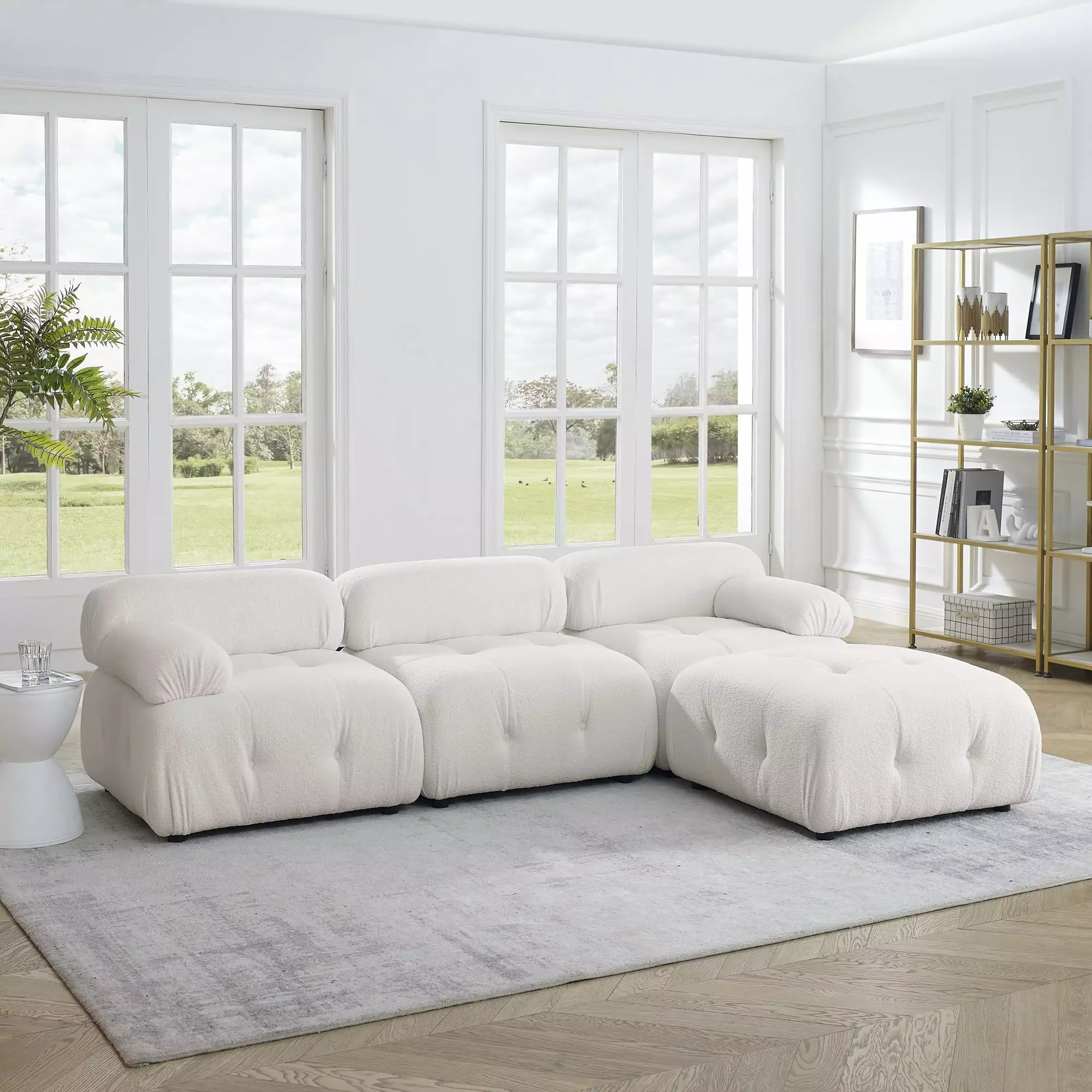 Ivory Teddy Fabric Modular Sectional Sofa: Button Tufted. L-Shaped Couch with DIY Combo & Reversible Ottoman