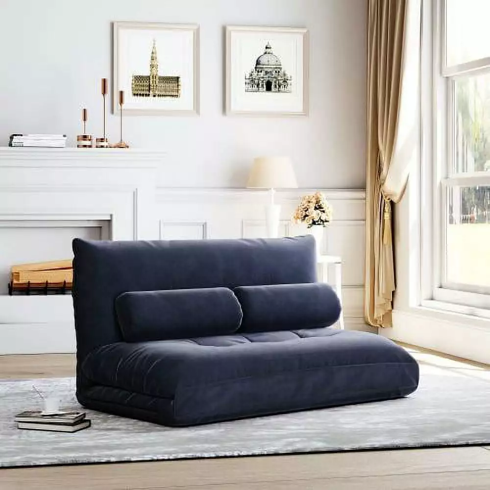 JINS&VICO Sofa Bed Adjustable Folding Futon Sofa Video Gaming Sofa Lounge Sofa with Two Pillows Antique Navy Polyester