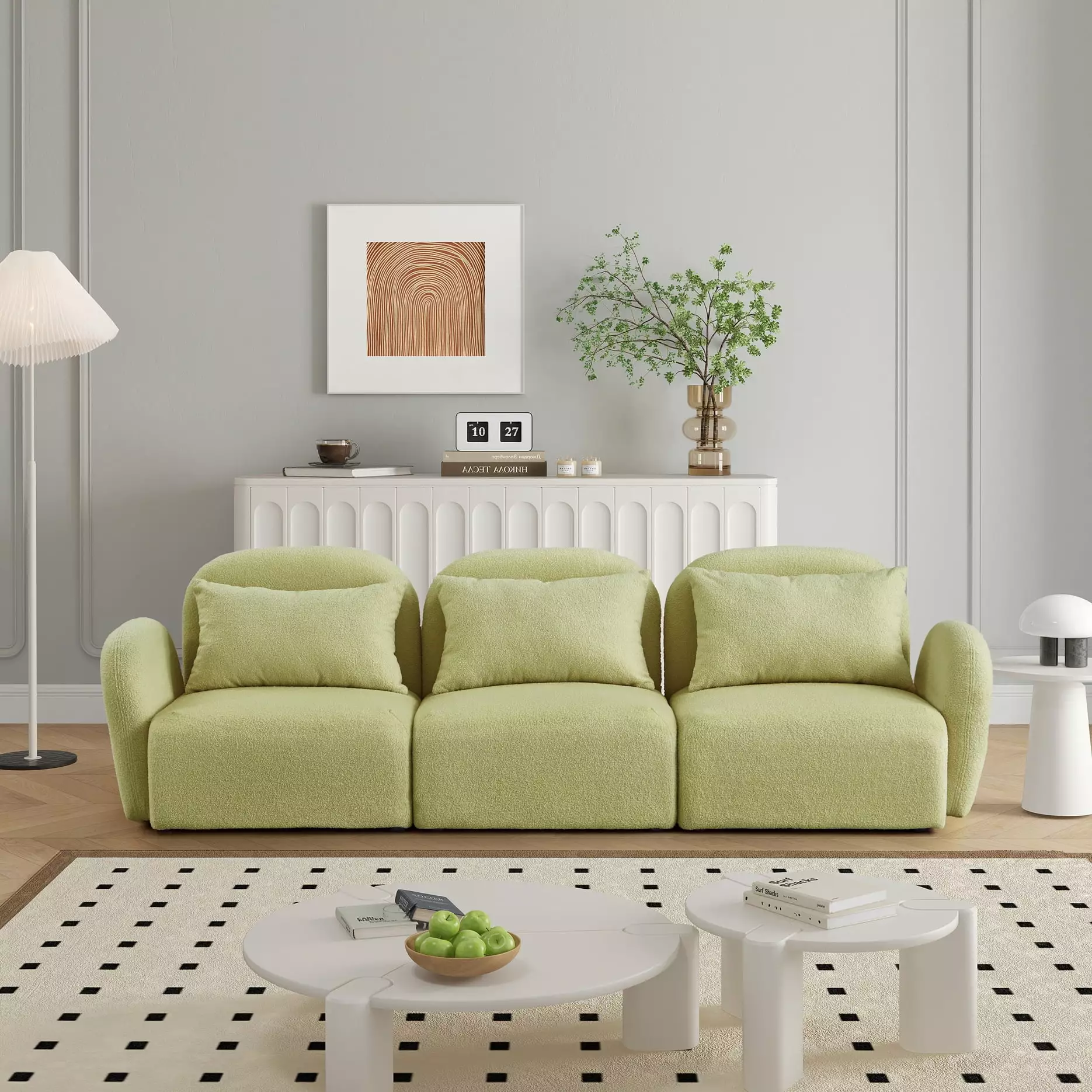 JINS&VICO Teddy Fabric 3 Seat Sectional Sofa Couch. Upholstered Living Room Furniture Lazy Sofas with 3 Pillows for Living Room. Apartment. Office. Light Green