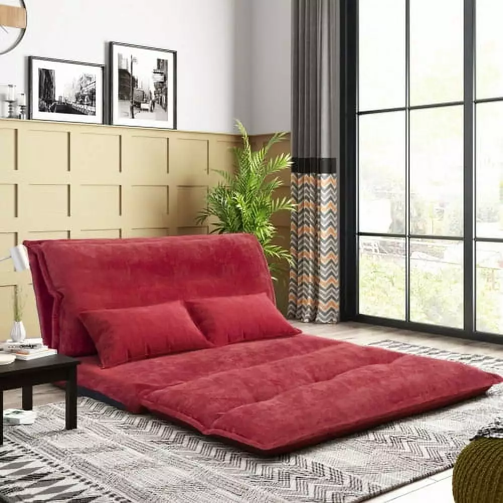 JINS & VICO Velvet Sofa Bed.Folding Futon Couch Leisure Lazy Sofa Sleeper Bed with 2 Pillows.Five Position Available. Suitble for Bedroom Living Room Balcony.Red