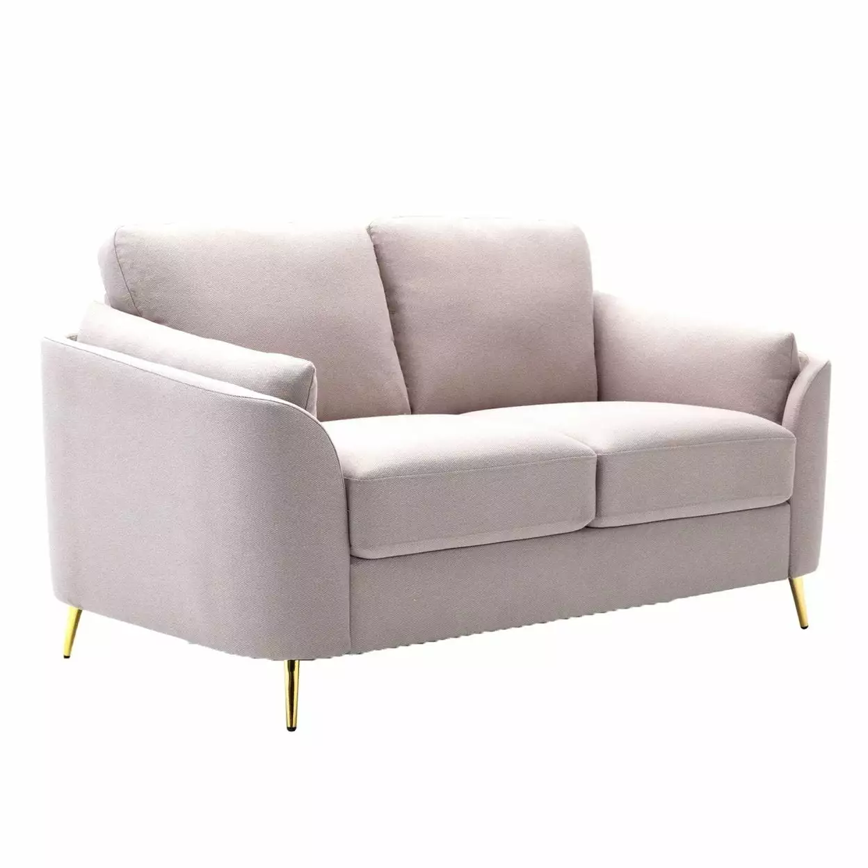 Jace 60 Inch Loveseat. Beige Polyester. Gold Metal Legs. Loose Pillow Back- Saltoro Sherpi