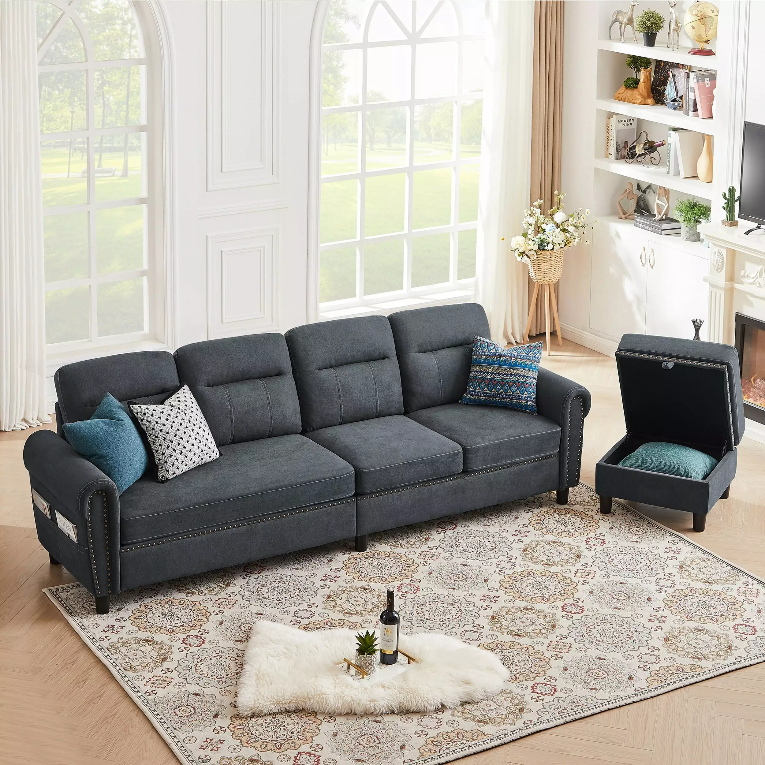 Jarenie 106.69 4 Seater L Shaped Reversible Sectional Sofa with Side Storage Bags Dark Grey