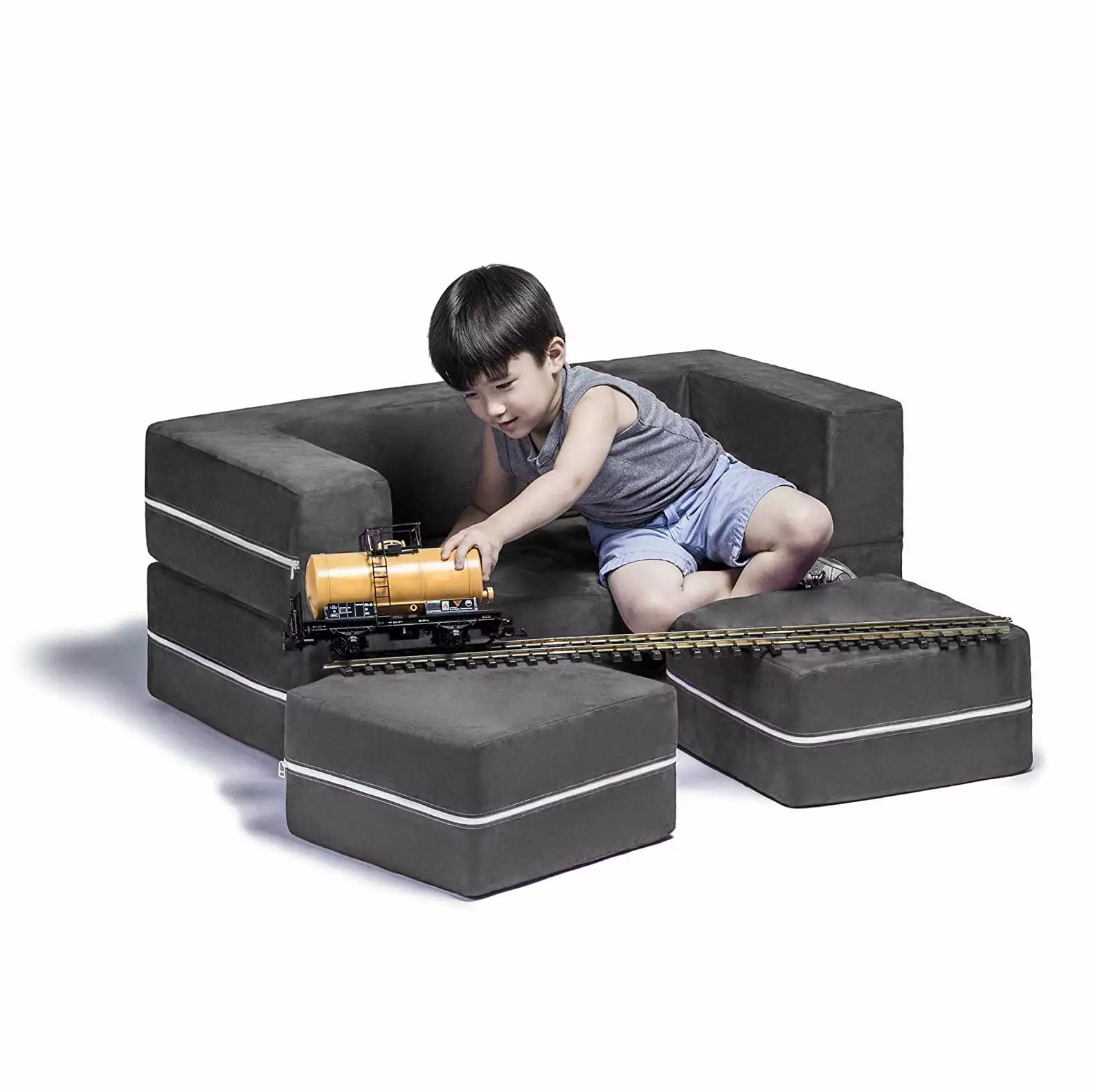 Jaxx Zipline Modular Kids Loveseat & Ottomans / Fold Out Lounger. Charcoal