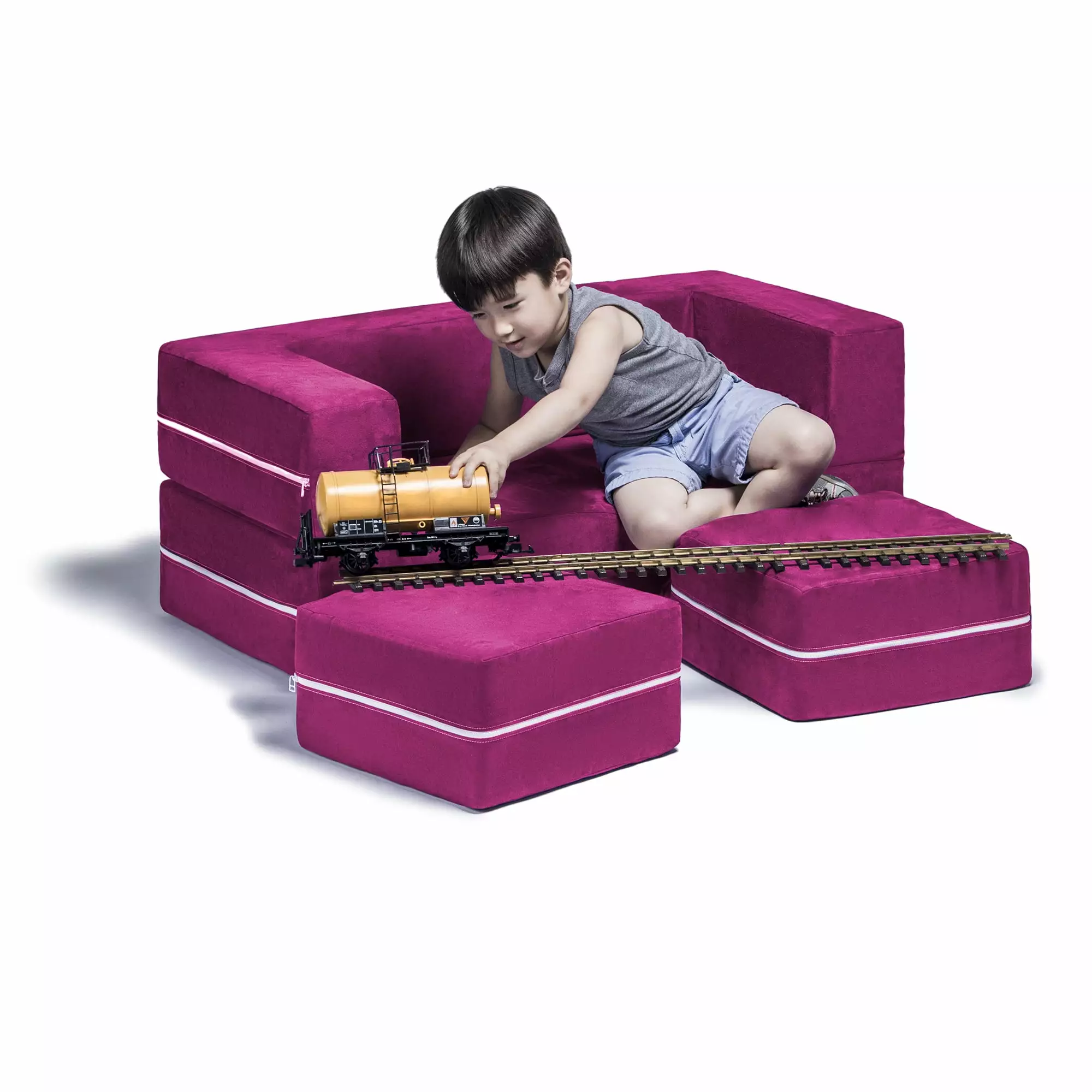 Jaxx Zipline Modular Kids Loveseat & Ottomans. Fuchsia