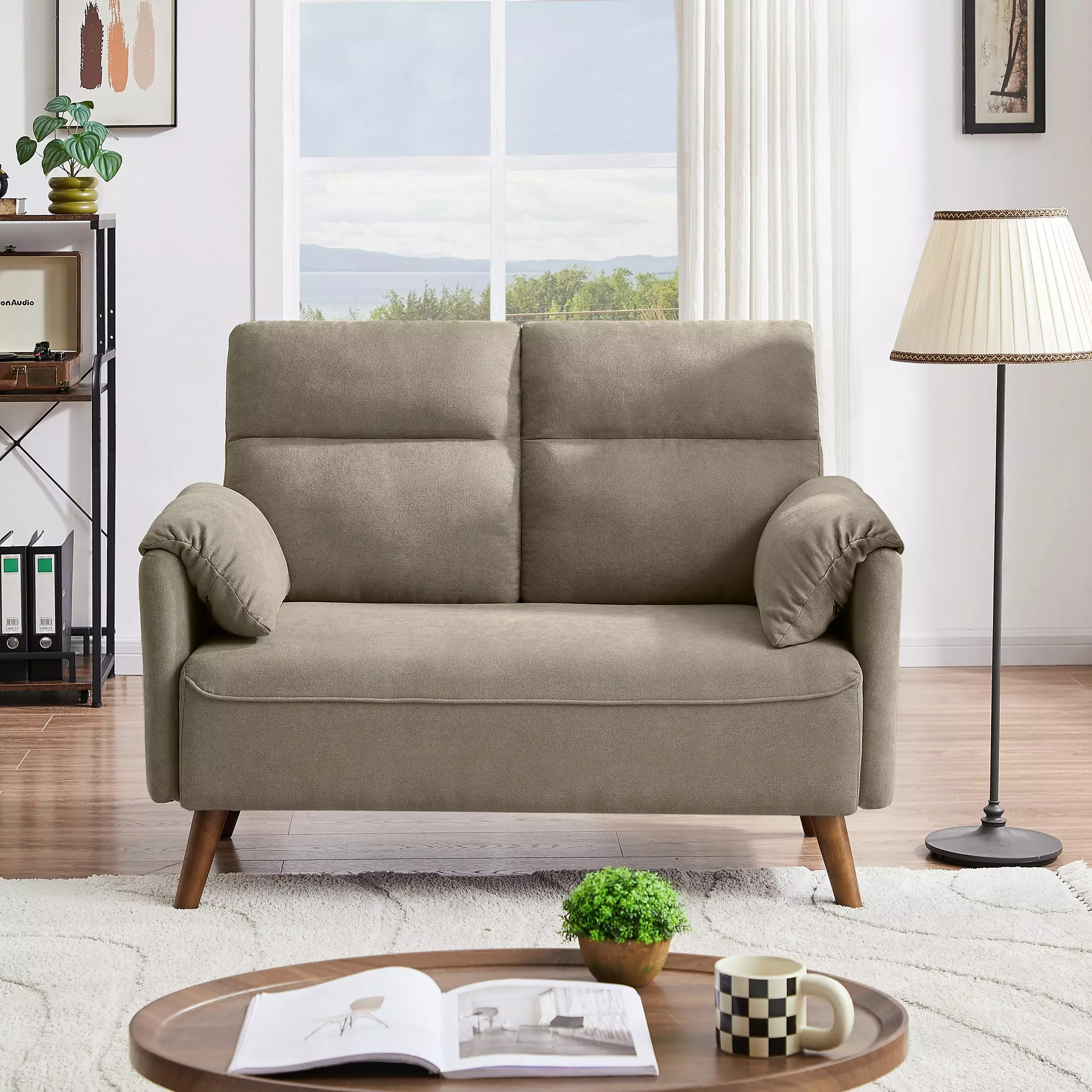 Pingliang Home Small Modern Loveseat Sofa. Mid Century Linen Fabric 2-Seat Sofa Couch Tufted Love Seat with Back Cushions and Tapered Wood Legs for Living Room.Bedroom.Office.Apartment.Small Space