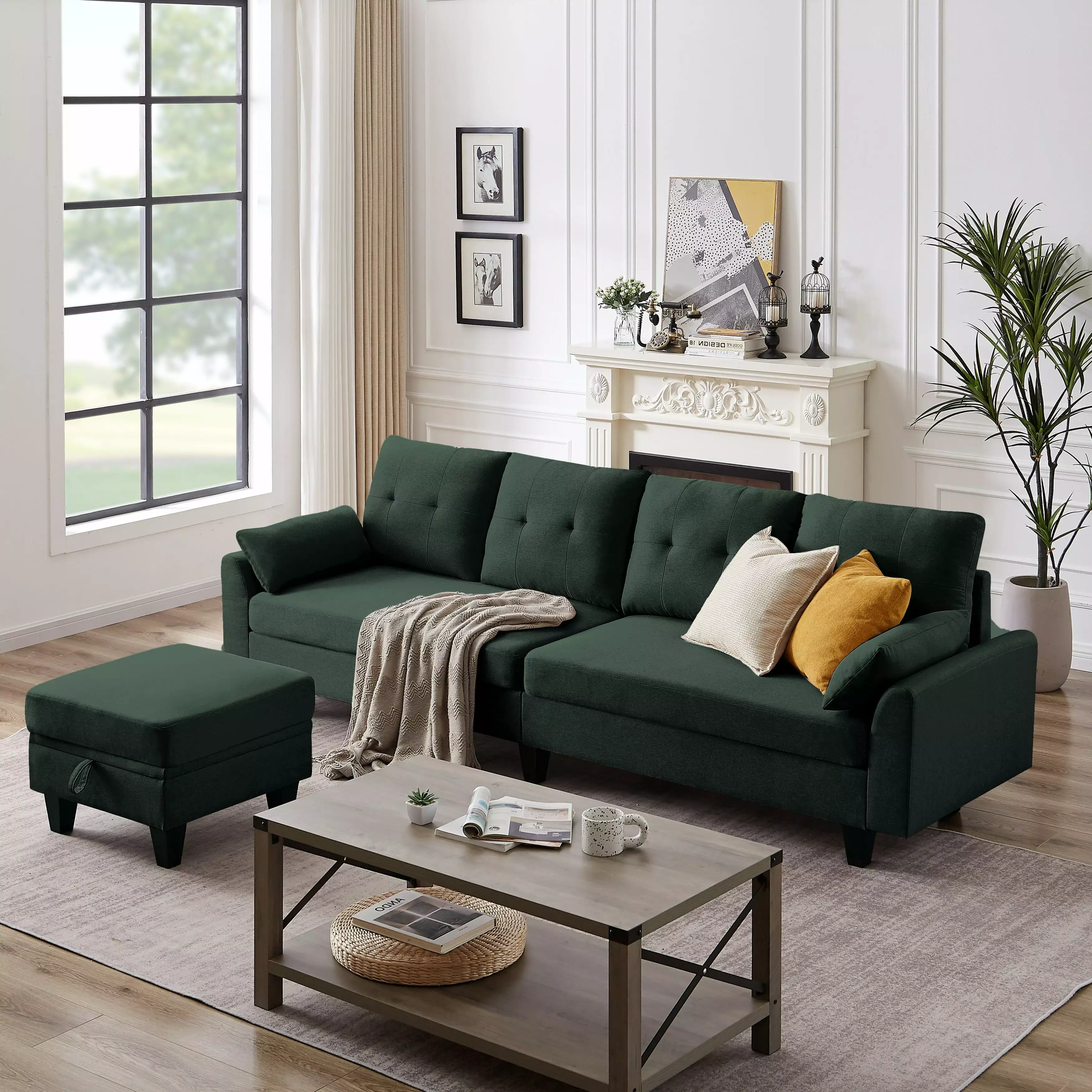 Jiansen Modern Sectional Sofa Couch L Shaped With Chaise Storage Ottoman and Side Bags For Living Room Green