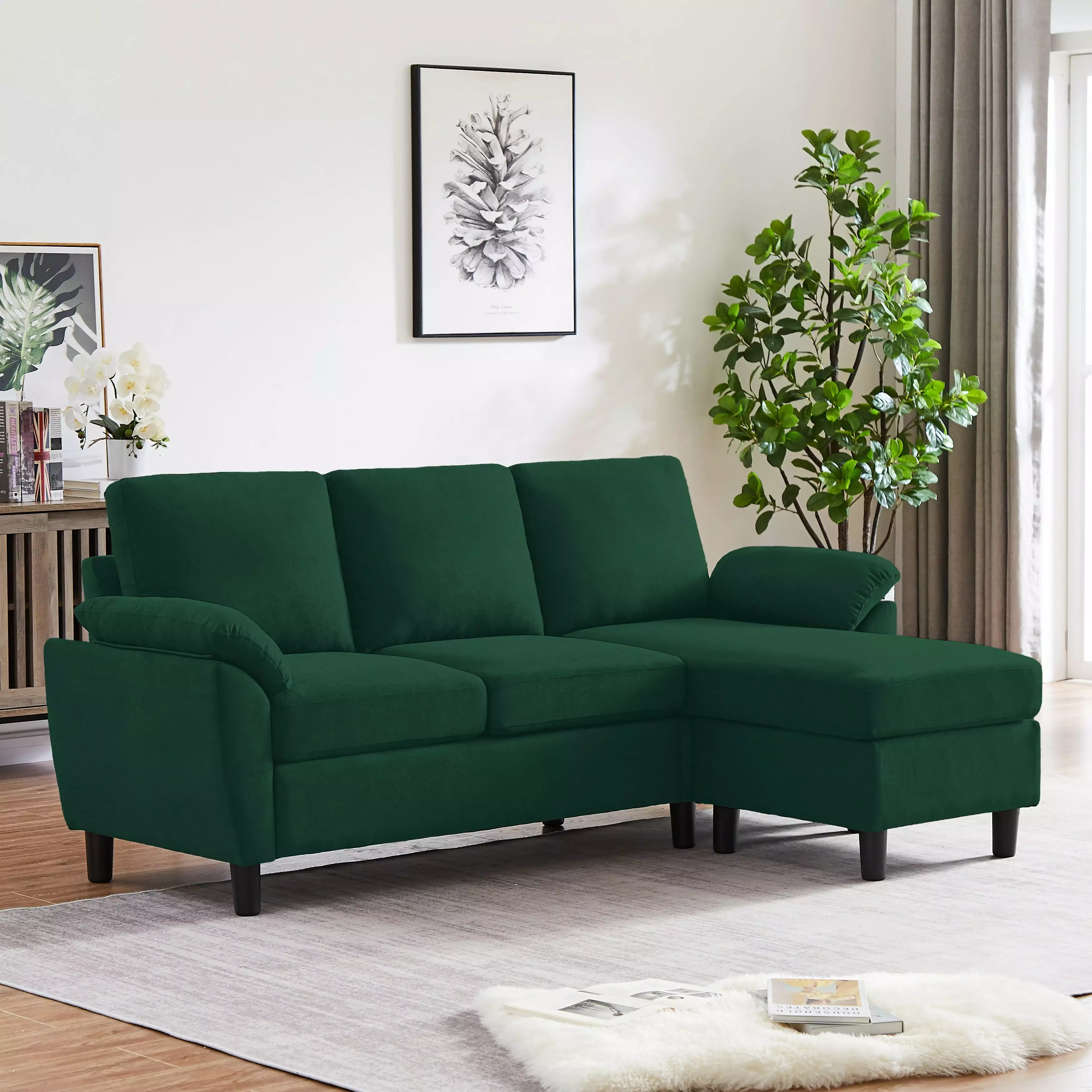 Jiansen Modern Sectional Sofa Couch L Shaped with Removable Armrest. Convertible Couch with Reversible Ottoman for Living Room Green