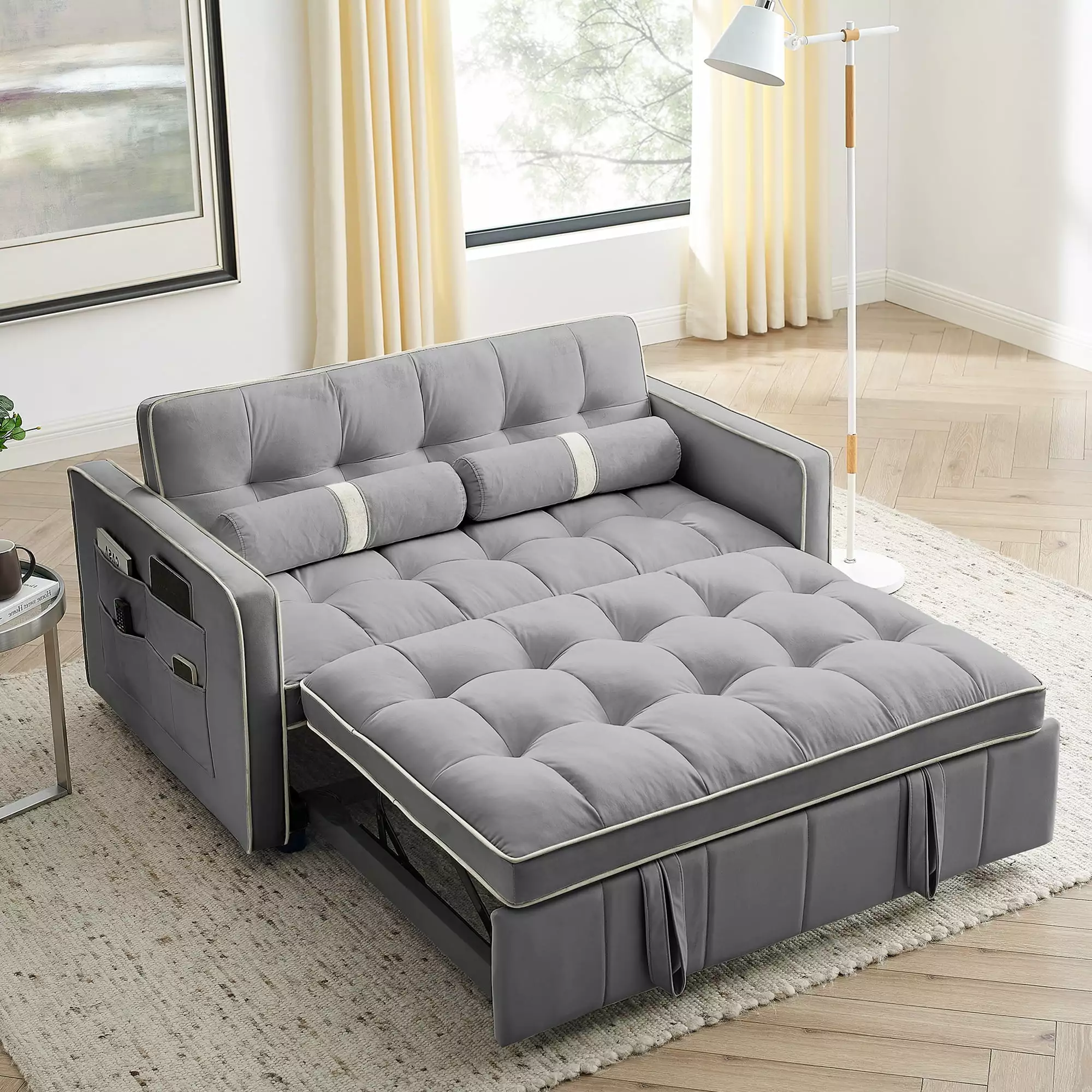 KAMIDA 55.5 Convertible Sofa Bed. Velvet Loveseat Sofa with Pull Out Sofa Bed. Sleeper Sofa Couch for Living Room Office. Futon Sofa Bed With Adjustable Backrest and Lumbar Pillows. Grey