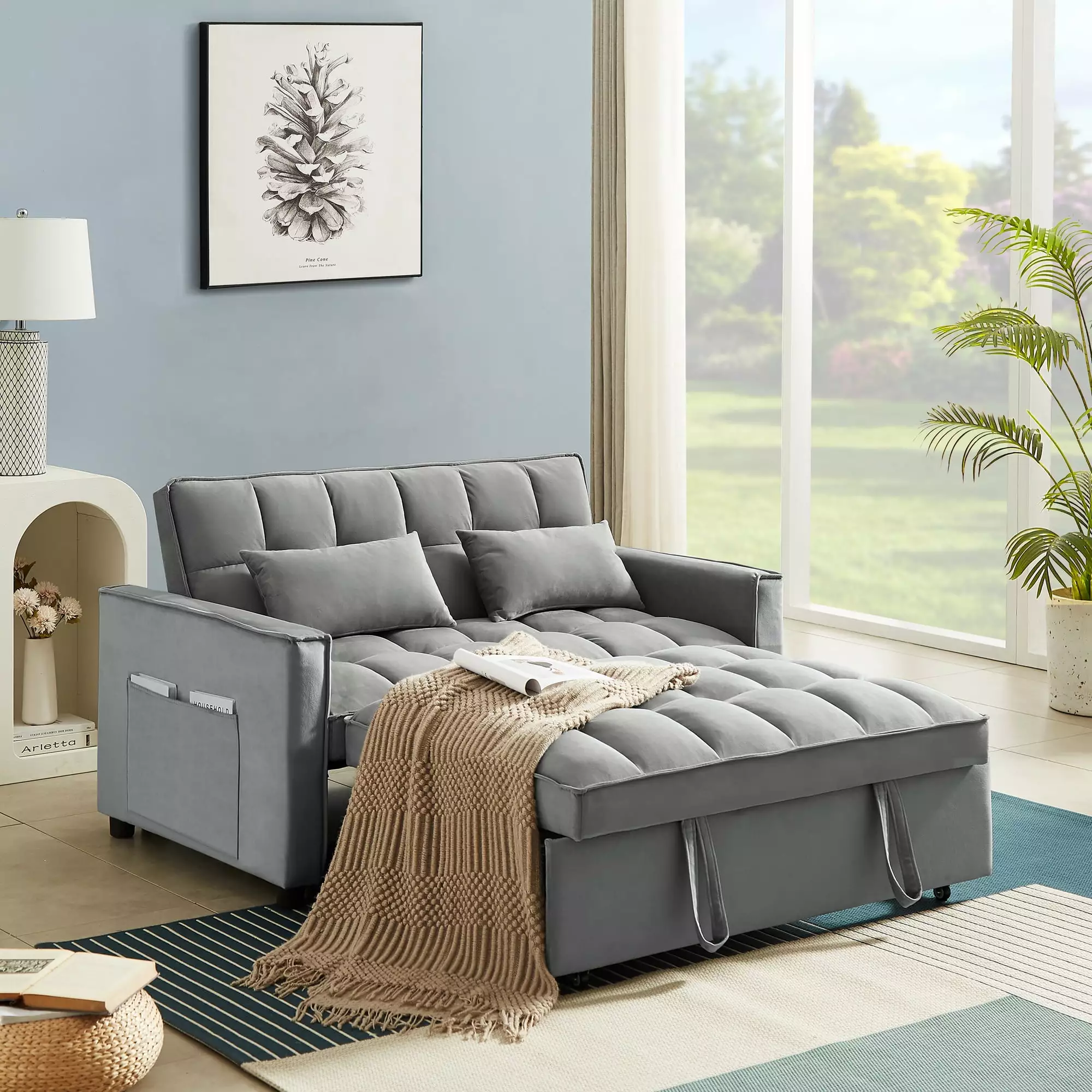 KINFFICT 55 Pull Out Sofa Bed. Convertible Loveseat Sleeper with Adjsutable Back. Velvet Futon Sofa Bed for Living Room/Apartment. Gray