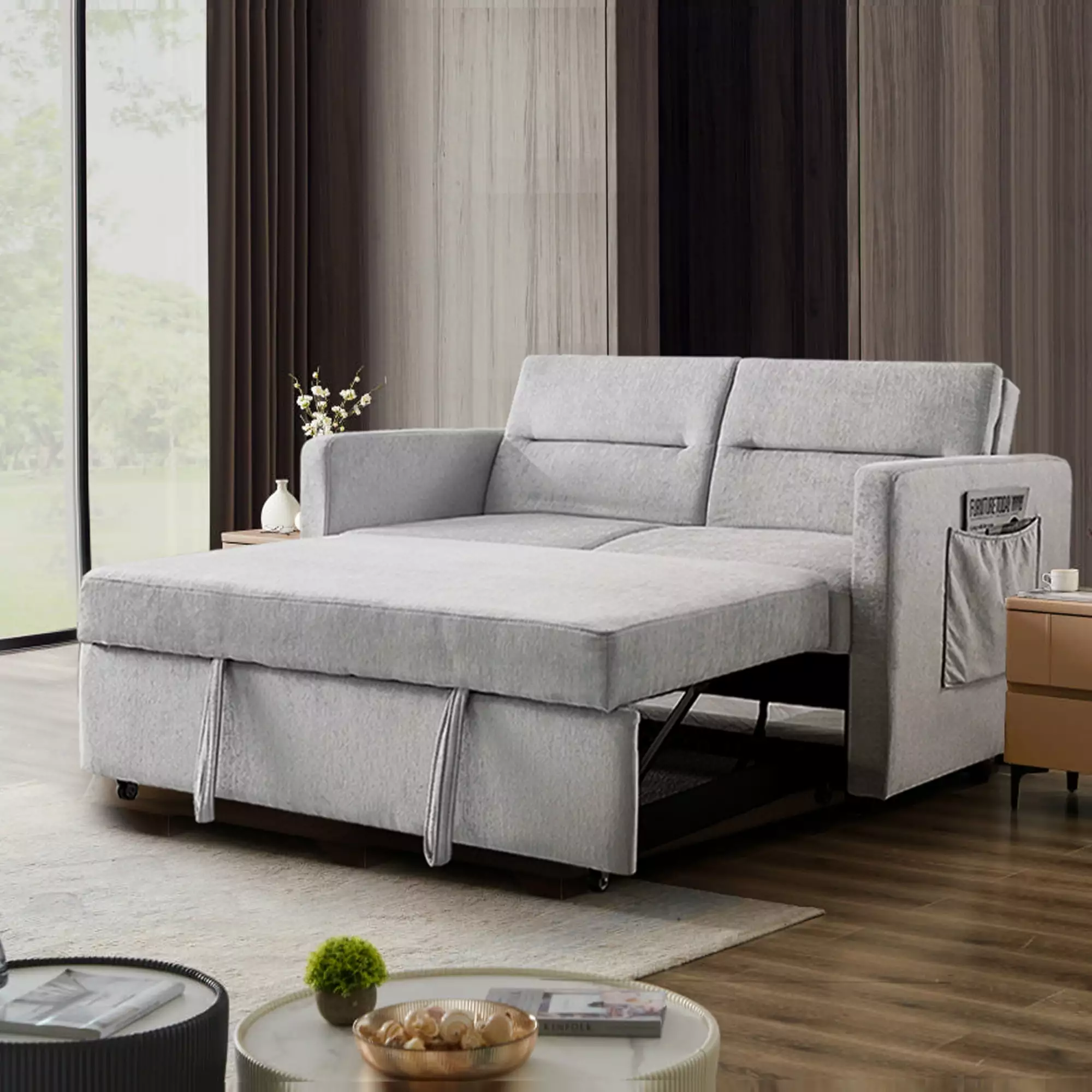 KINFFICT Small Sofa Bed. Modern Sofa Sleeper with Pull Out Bed. Upholstered Chenille Loveseat Sleeper for Living Room. Gray