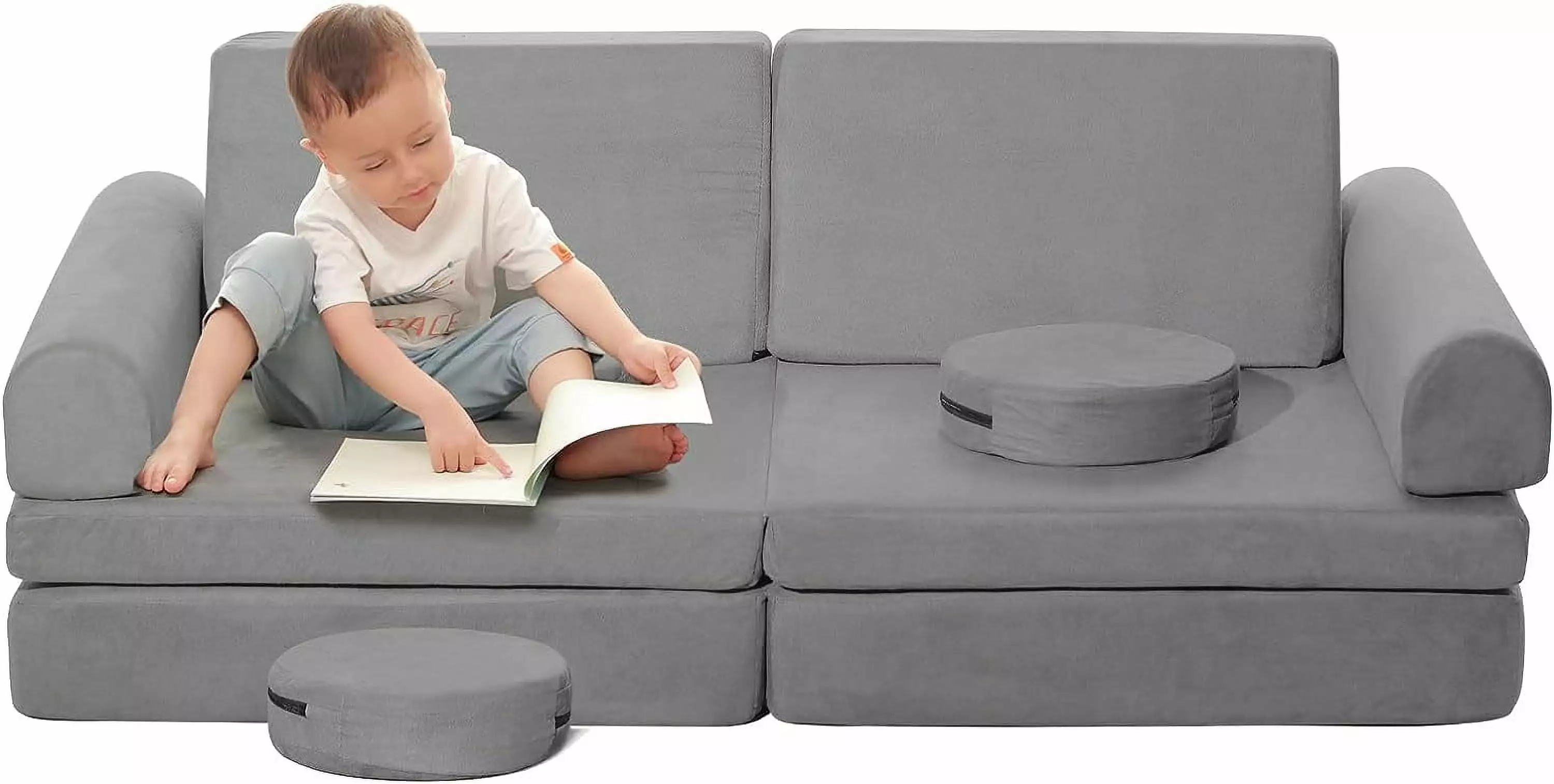 Kids Couch. 8-Piece Toddler Play Couch.Floor Sofa Imaginative Furniture Play Set for Bedroom Playroom.Convertible Folding Kids Sofa for Creative Kids(Gray)