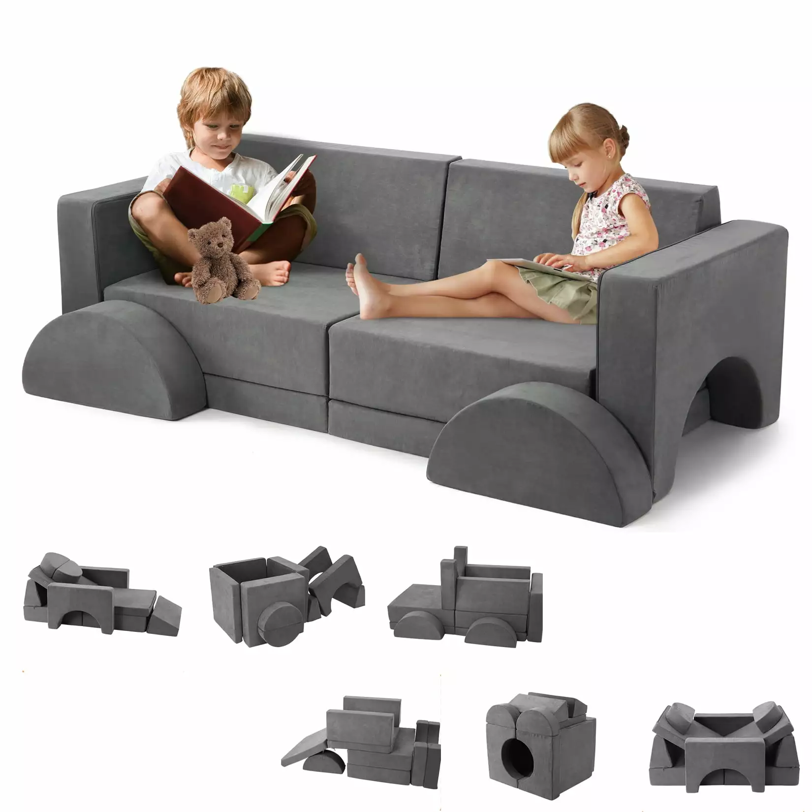 Kids Couch Modular.8 Piece Kids Couch For Playroom.Kids Modular Sofa.Imaginative Kids Playroom Furniture for Toddlers.Childrens.Easy to Clean.Comfortable (Grey)