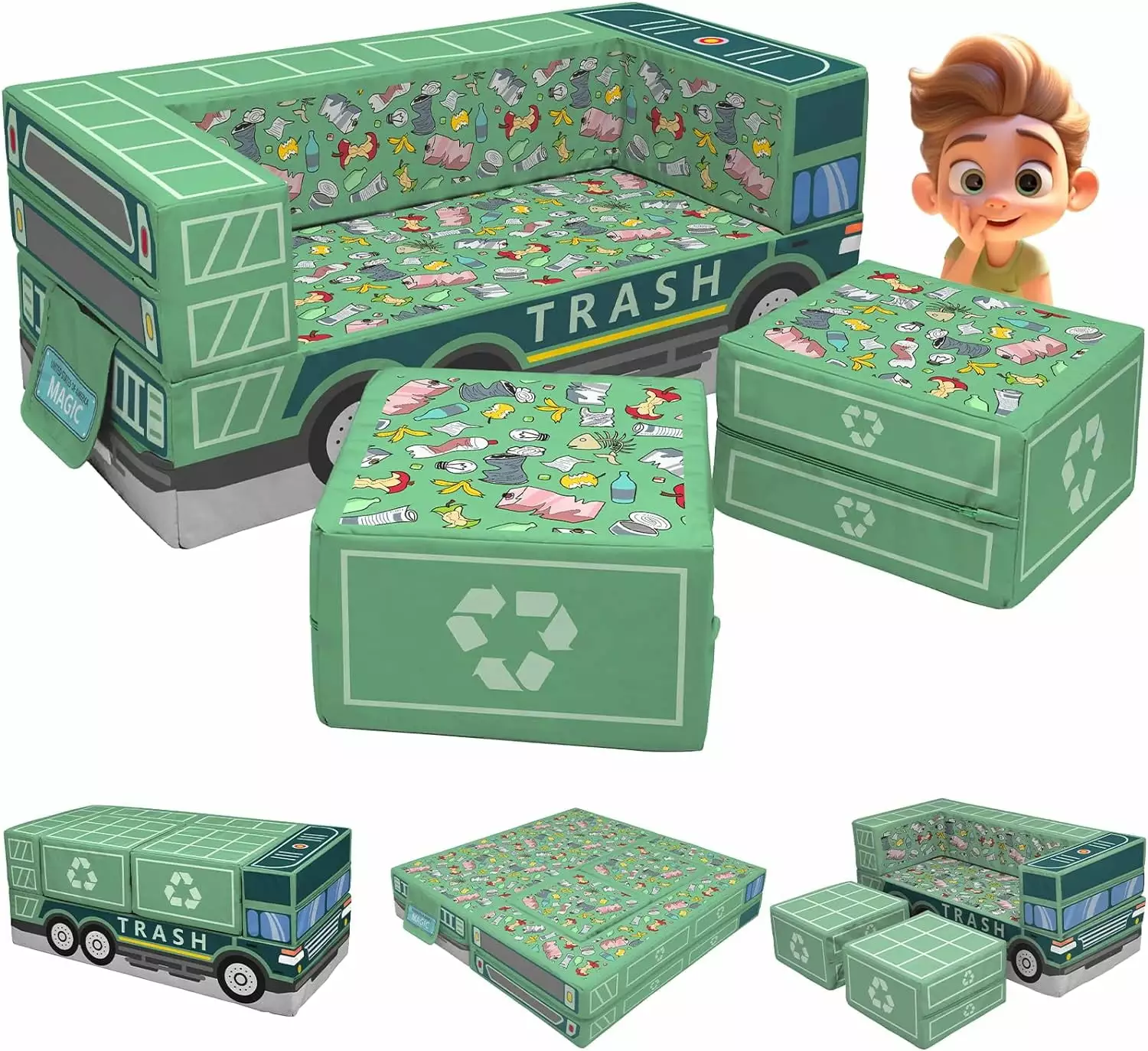 Kids Couch Sofa. Modular Toddler Couch. Convertible Kids Couch. Waste Collection Vehicle -Themed Modular Sofa for Boys and Girls. Sofa Bed for Bedroom