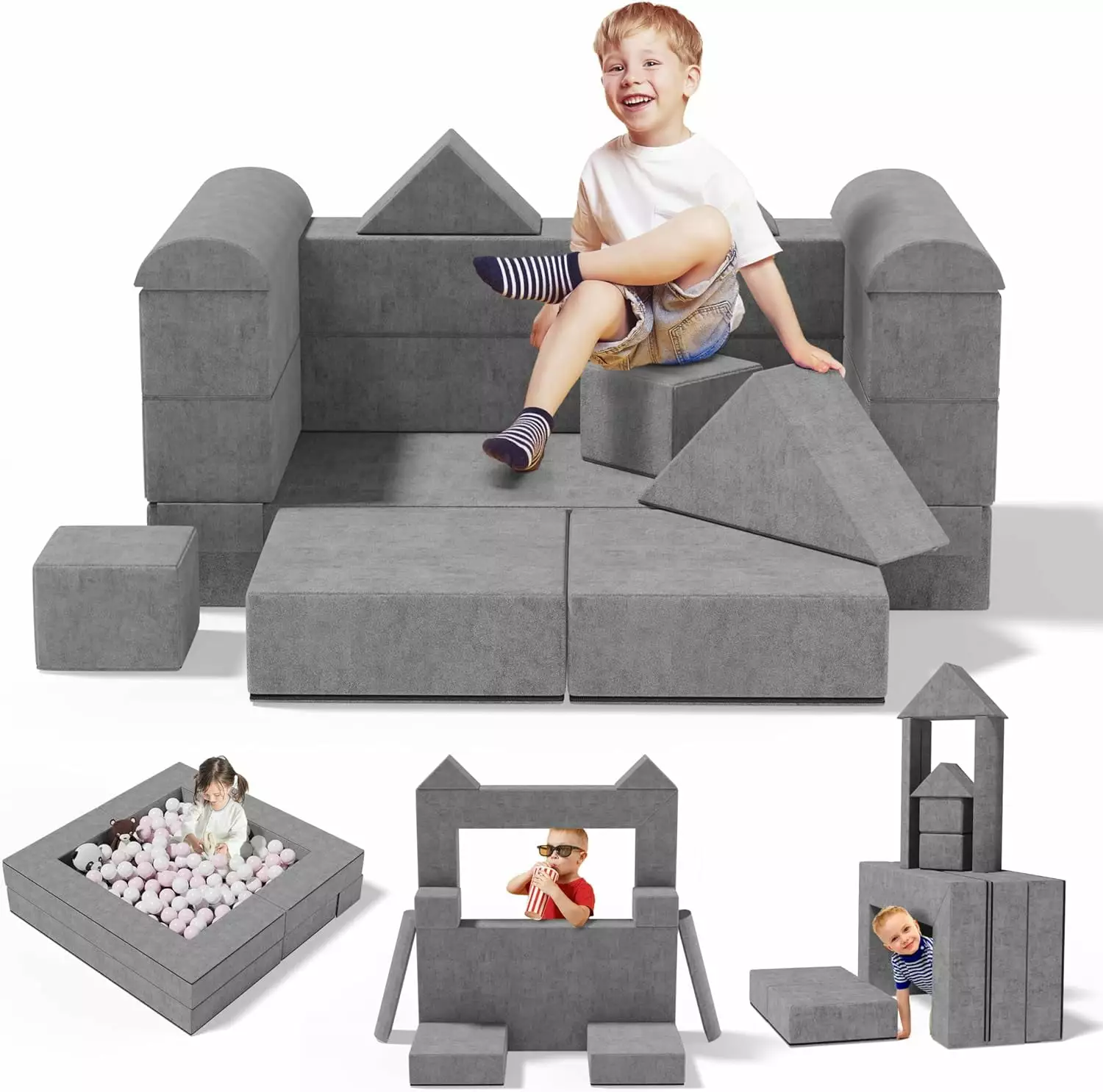 Kids Couch Toddler Couch. 10Pcs Kids Modular Play Couch. Kids Sofa with Ottomans. Convertible Foam Couch Play Set for Creative Child. Kids Furniture for Playroom (Gray)