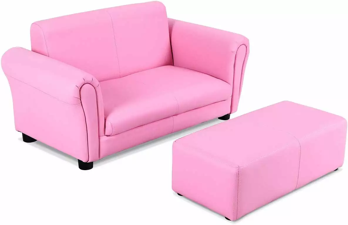 Kids Sofa. 2 Seat Toddler Couch Lounge Bed with Ottoman. Sturdy Wood Construction. Children PU Leather Upholstered Loveseat Armrest Chair for Bedroom Living Room. Double Seat w/Stool (Pink)